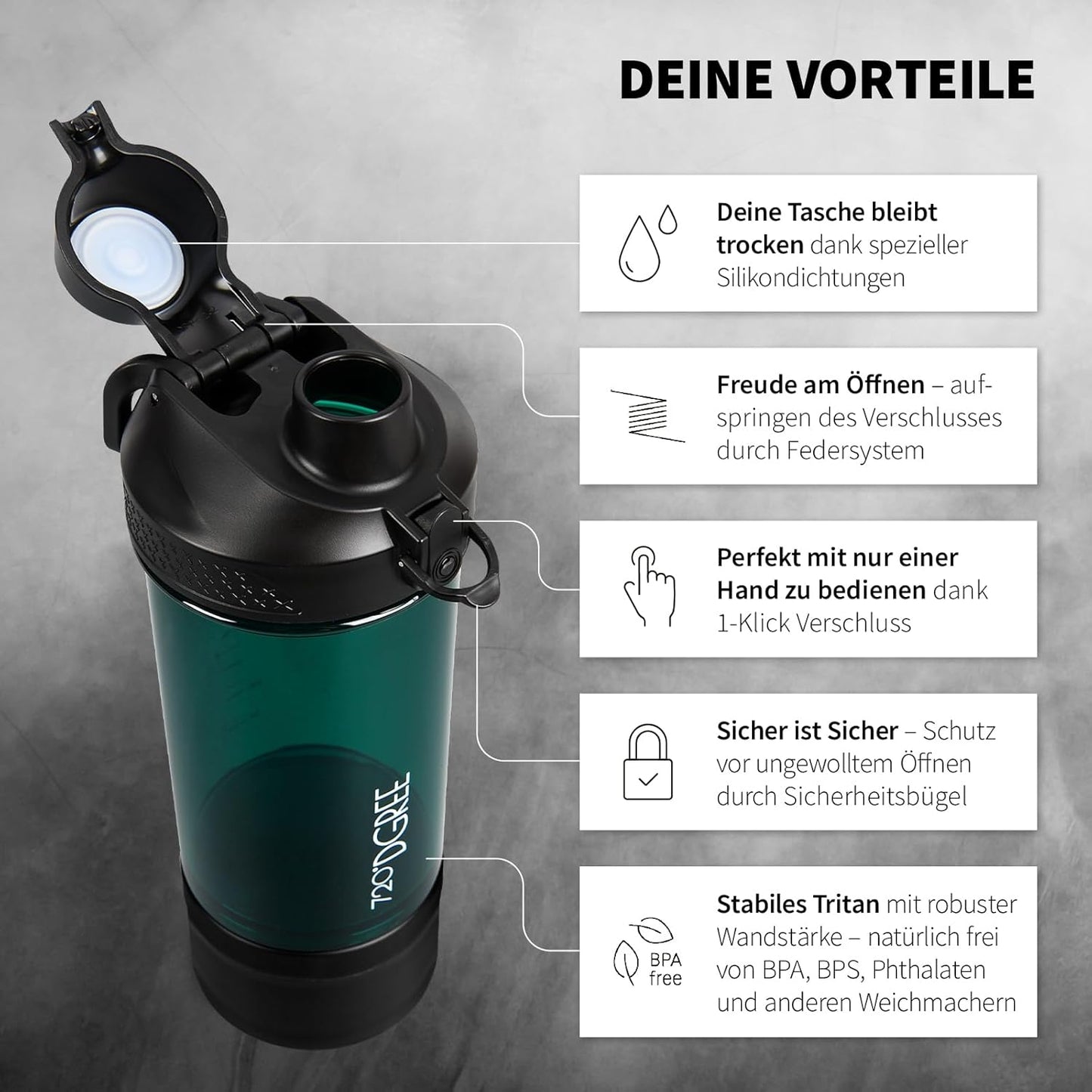 Proteinshaker mit Pulverfach, Emerald Green - Grün inkl. Container