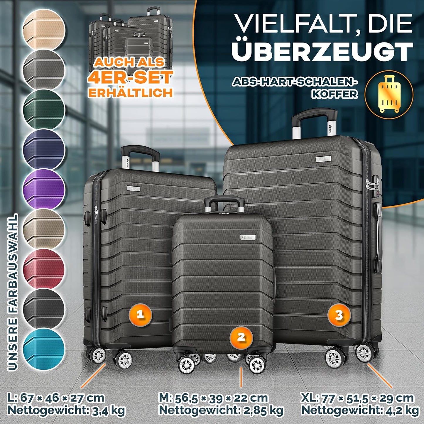 3-teiliges Hartschalenkoffer-Set mit TSA Schloss, Kofferwaage, Kofferanhänger & Koffergurten, Grau / Anthrazit Kofferset 3tlg