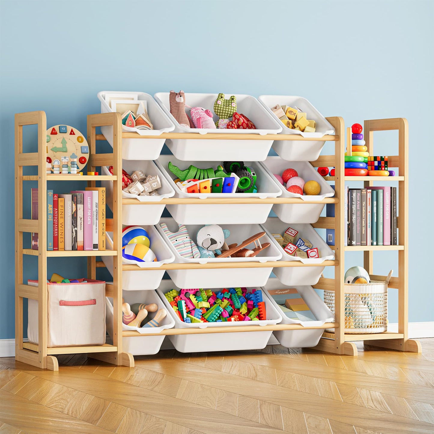 Spielzeug-Organizer mit 6 Regalen und 12 Behältern, Natur 132.8 CM, 6 Regalböden, 12 Boxen 1