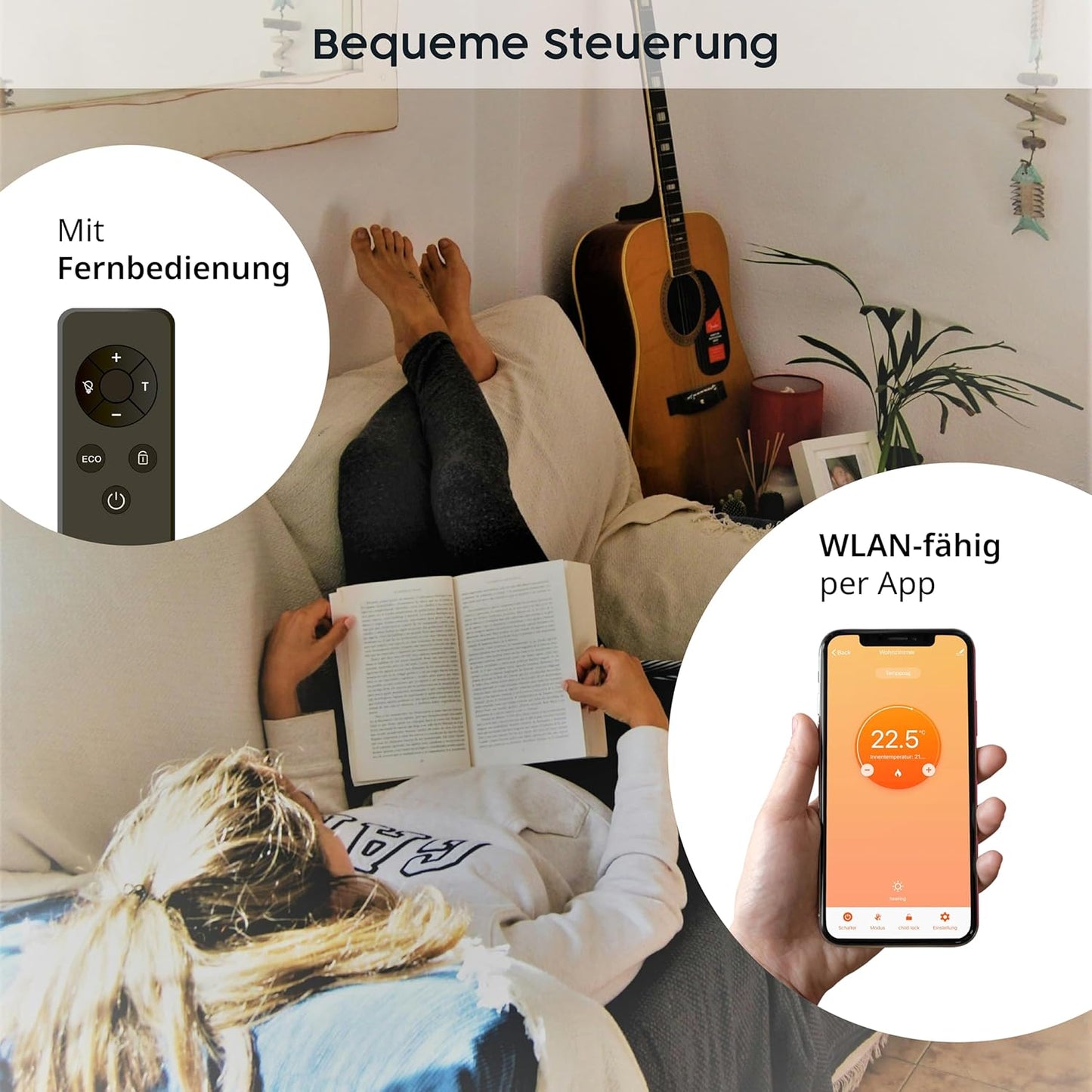 Dual-Infrarotheizung V2 mit App-, Fernbedienung und Handtuchhalterung, 450 Watt - Schwarz mit Display