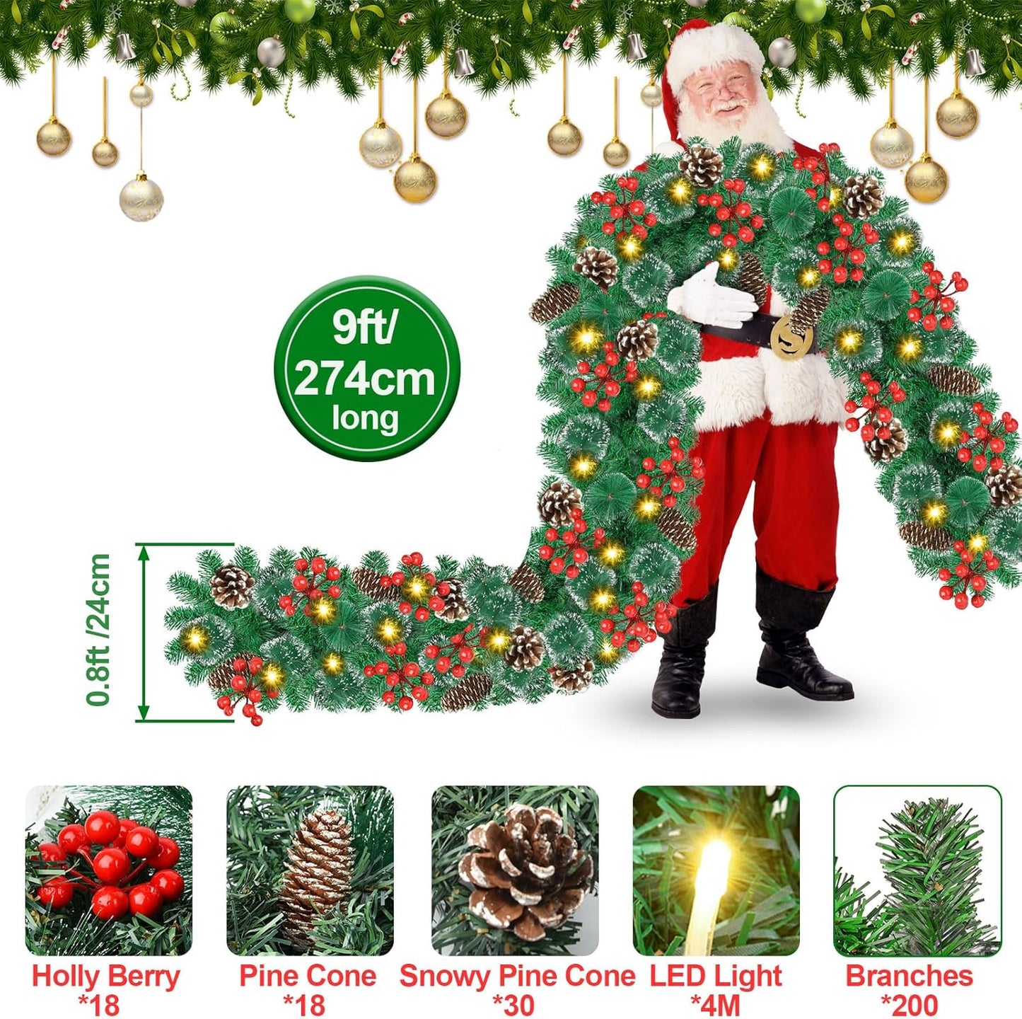 Weihnachtsgirlande mit LED Lichterkette, Tannenzapfen und Beeren, Grün