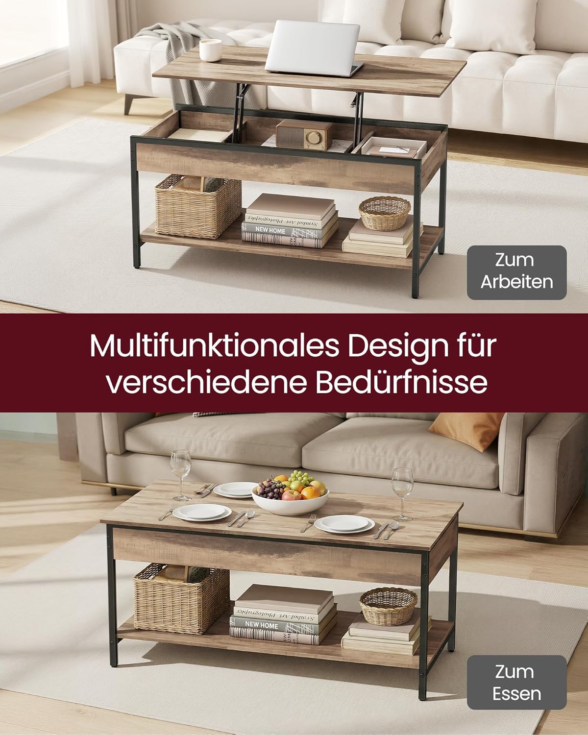 Höhenverstellbarer Couchtisch mit Stauraum, Kamelbraun+ Tintenschwarz