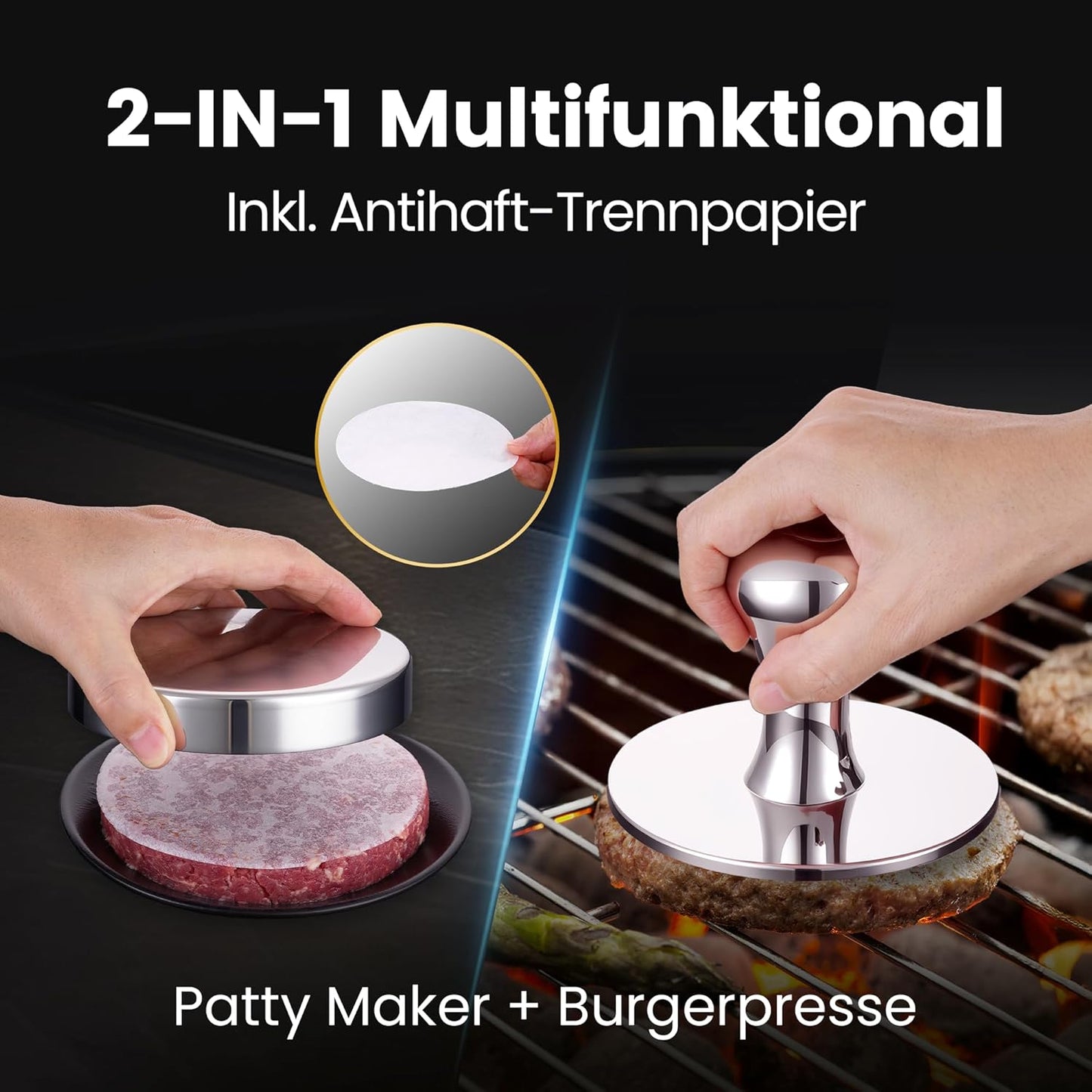 2-in-1 Burgerpresse mit Trennpapier, Burgerpresse 2-in-1