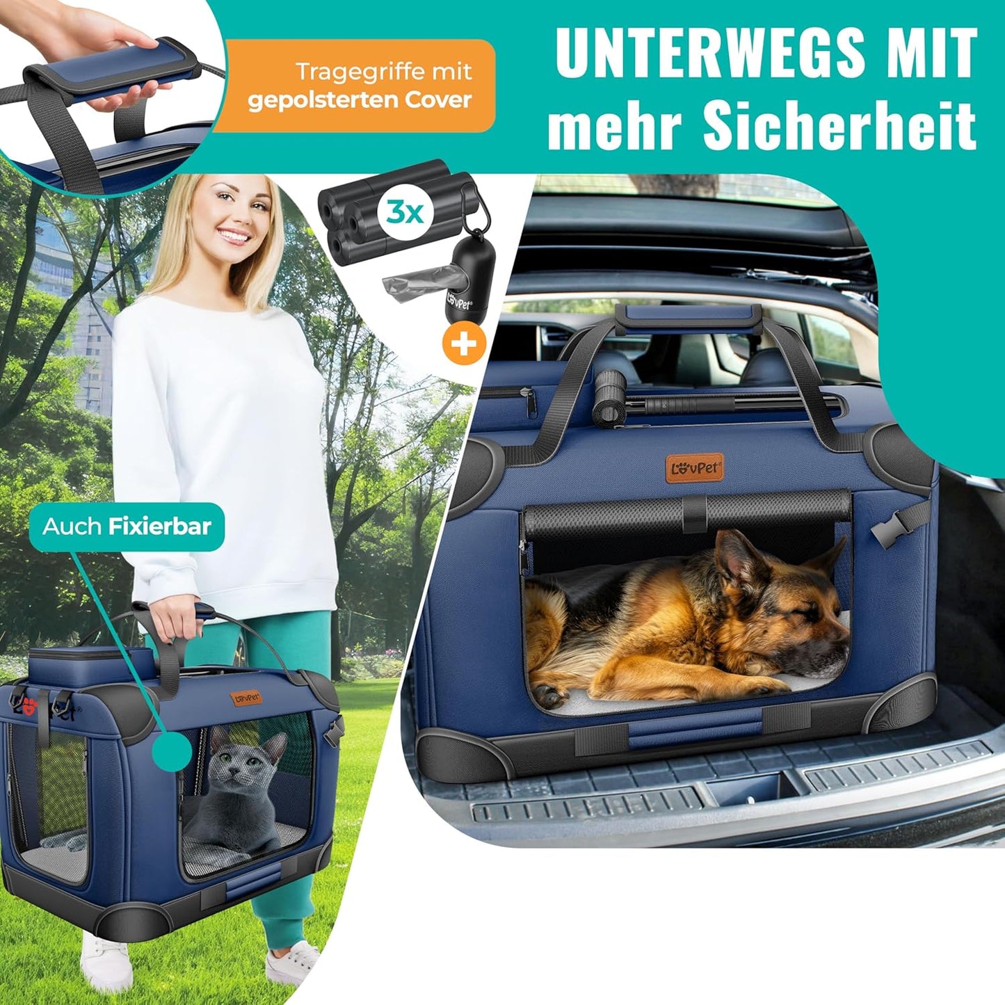 Transportbox inkl. Napf & Gurt, L 92 x B 64 x H 64 cm Navyblau