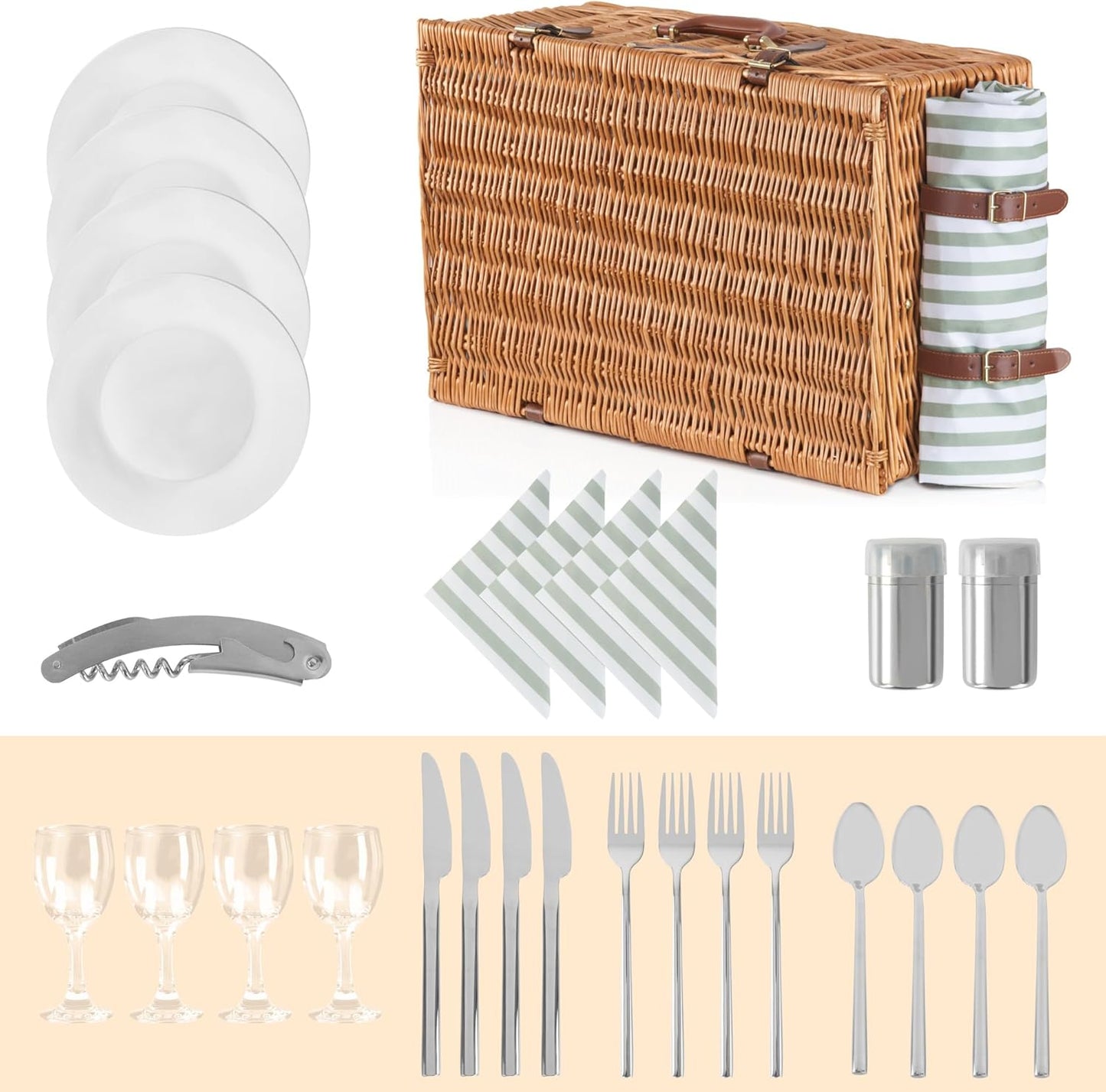 Picknickkorb für 4 Personen mit 29-teiligem Geschirr-Set, Braun