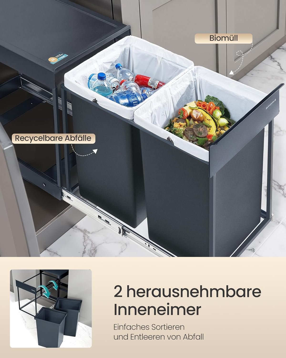 Mülltrennsystem für Unterschrank, 2 x 20 L, LTB951GZ01, grau 2 x 20 L