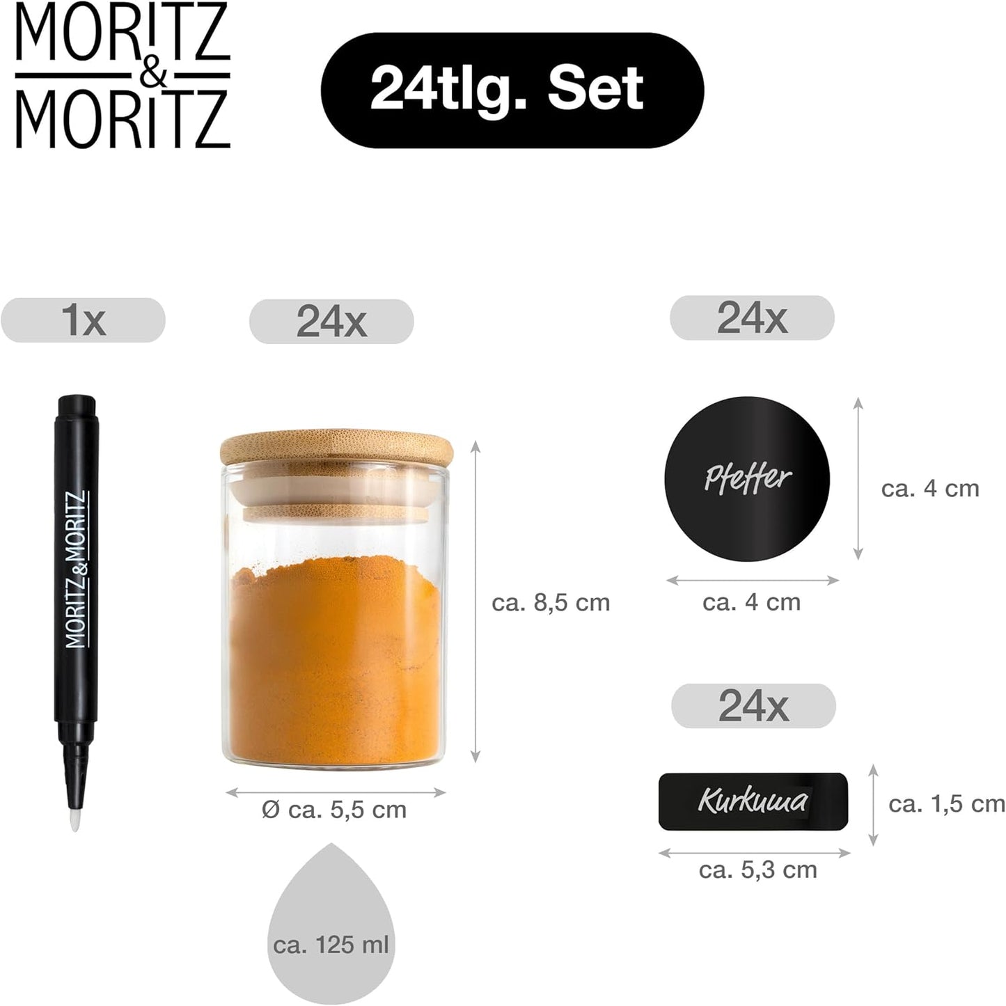 Gewürzgläser-Set mit Bambusdeckel (24 Stück), 24