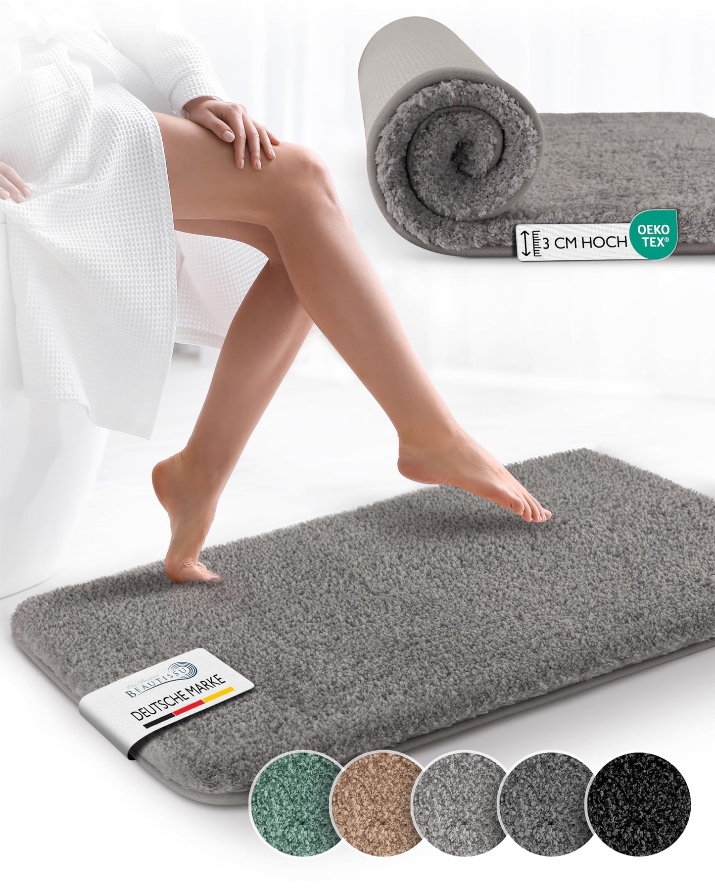 Rutschfeste Hochflor-Badematte, 60 x 100 cm Hellgrau