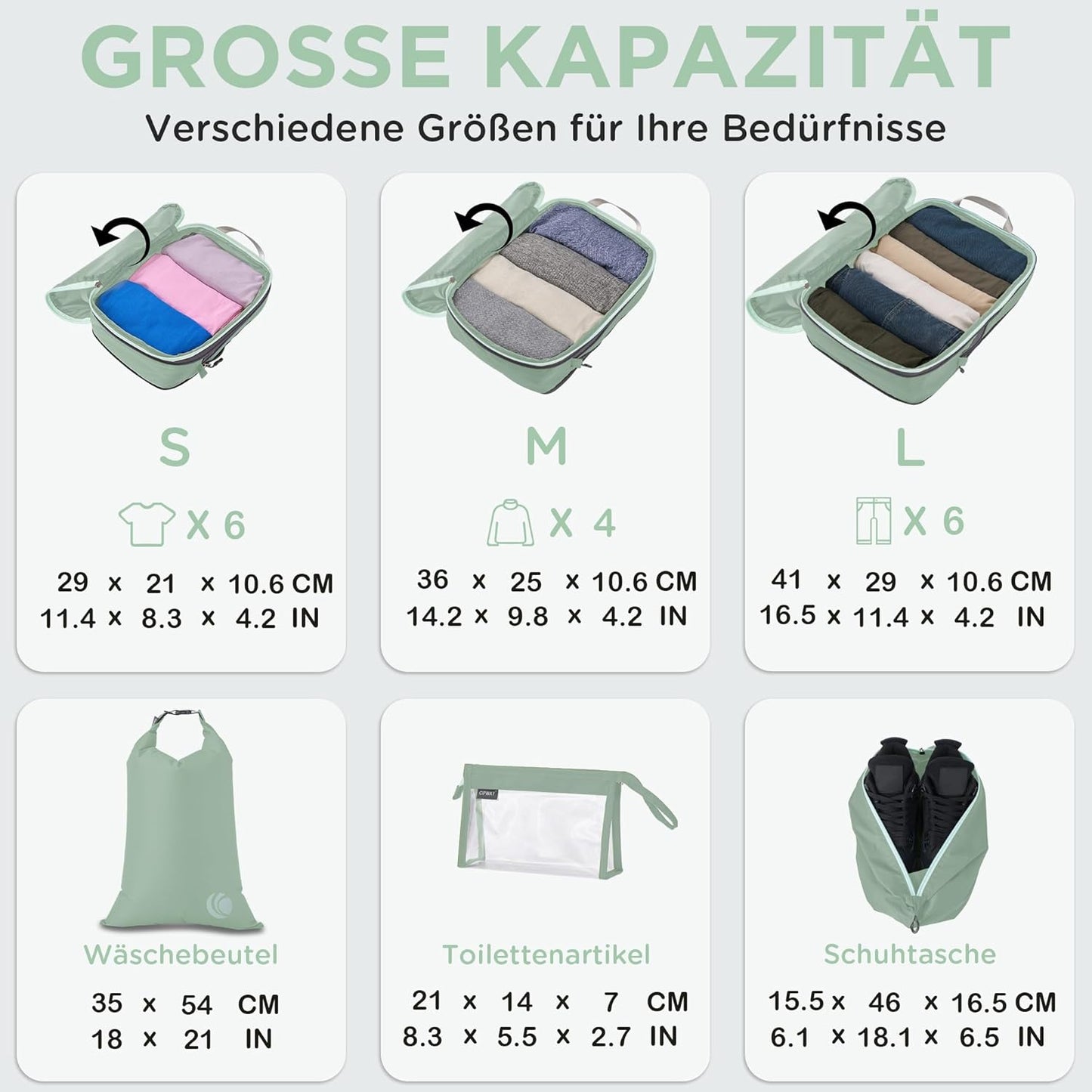 Kompression Koffer Organizer Set, 8PCS Salbei Grün