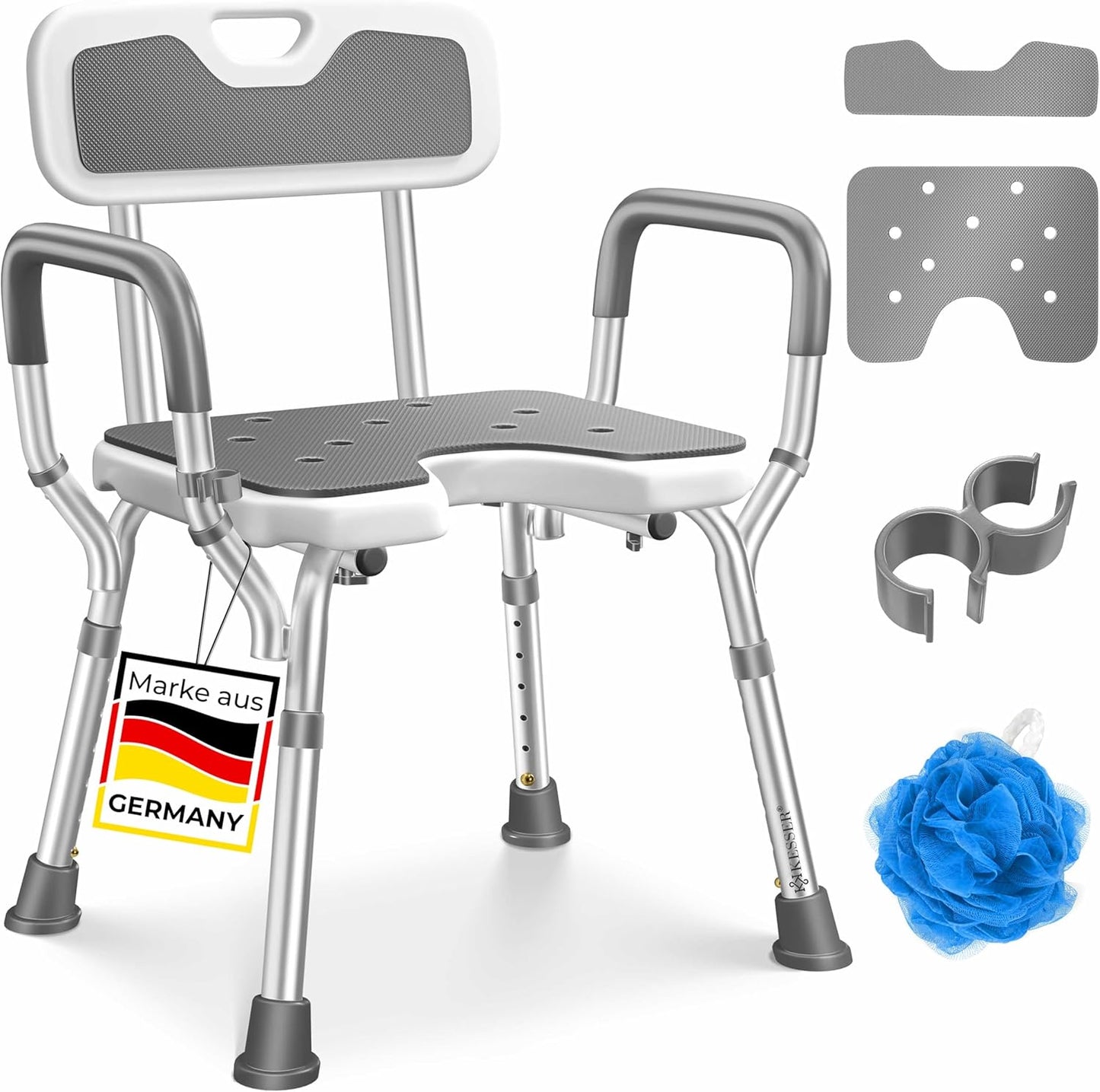 Duschhocker mit Lehne, Weiß / Grau