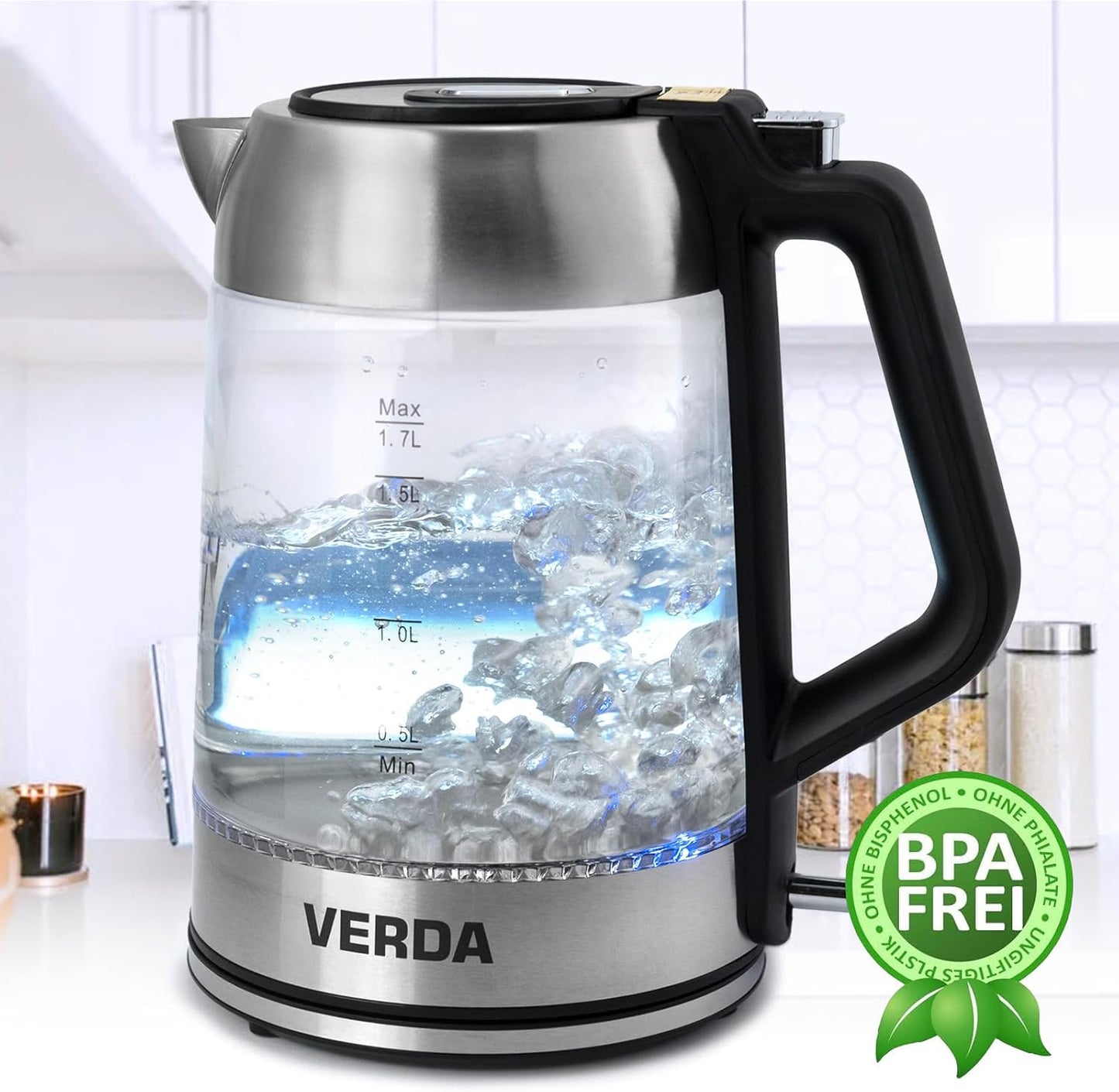 Wasserkocher mit LED-Beleuchtung, Schwarz + Silber Sn0617l-12