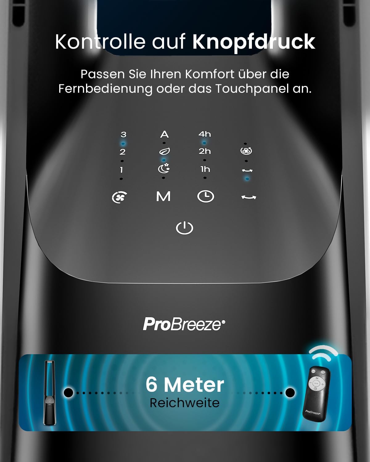 Rotorloser Turmventilator mit Fernbedienung und Timer, Ohne App Schwarz