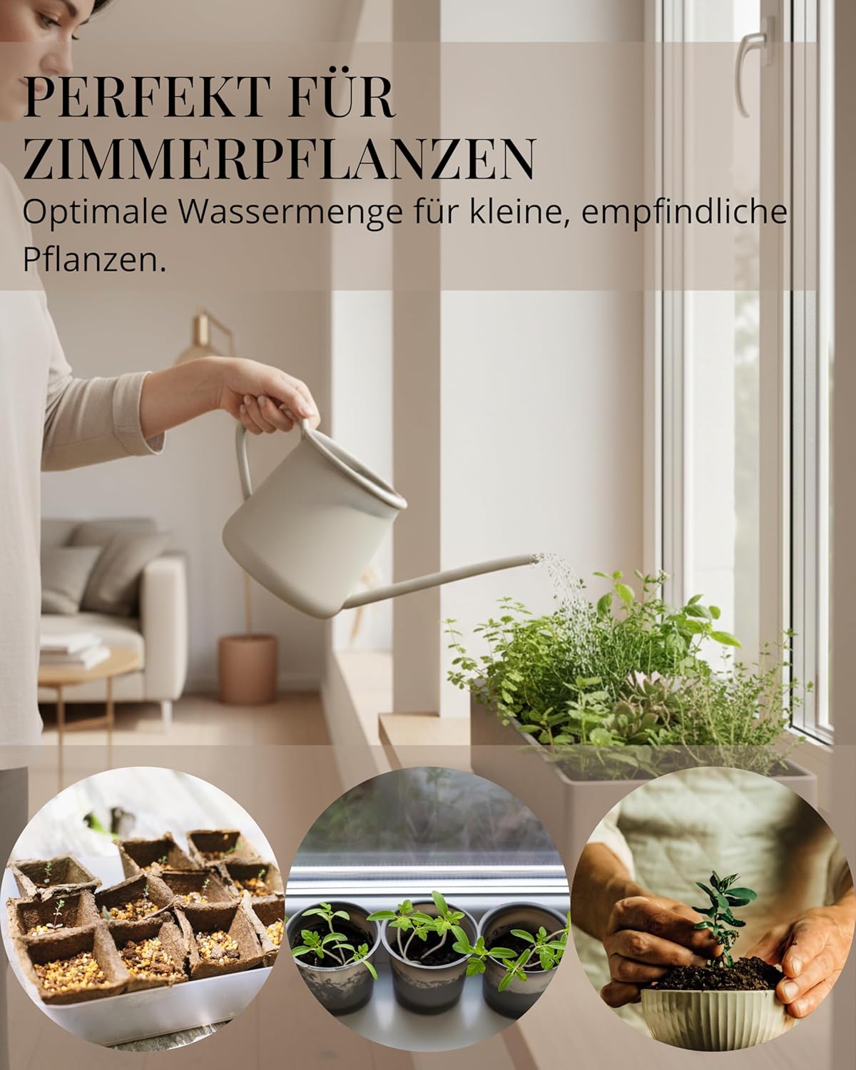 Giesskanne für Zimmerpflanzen (1L, Metall), Greige
