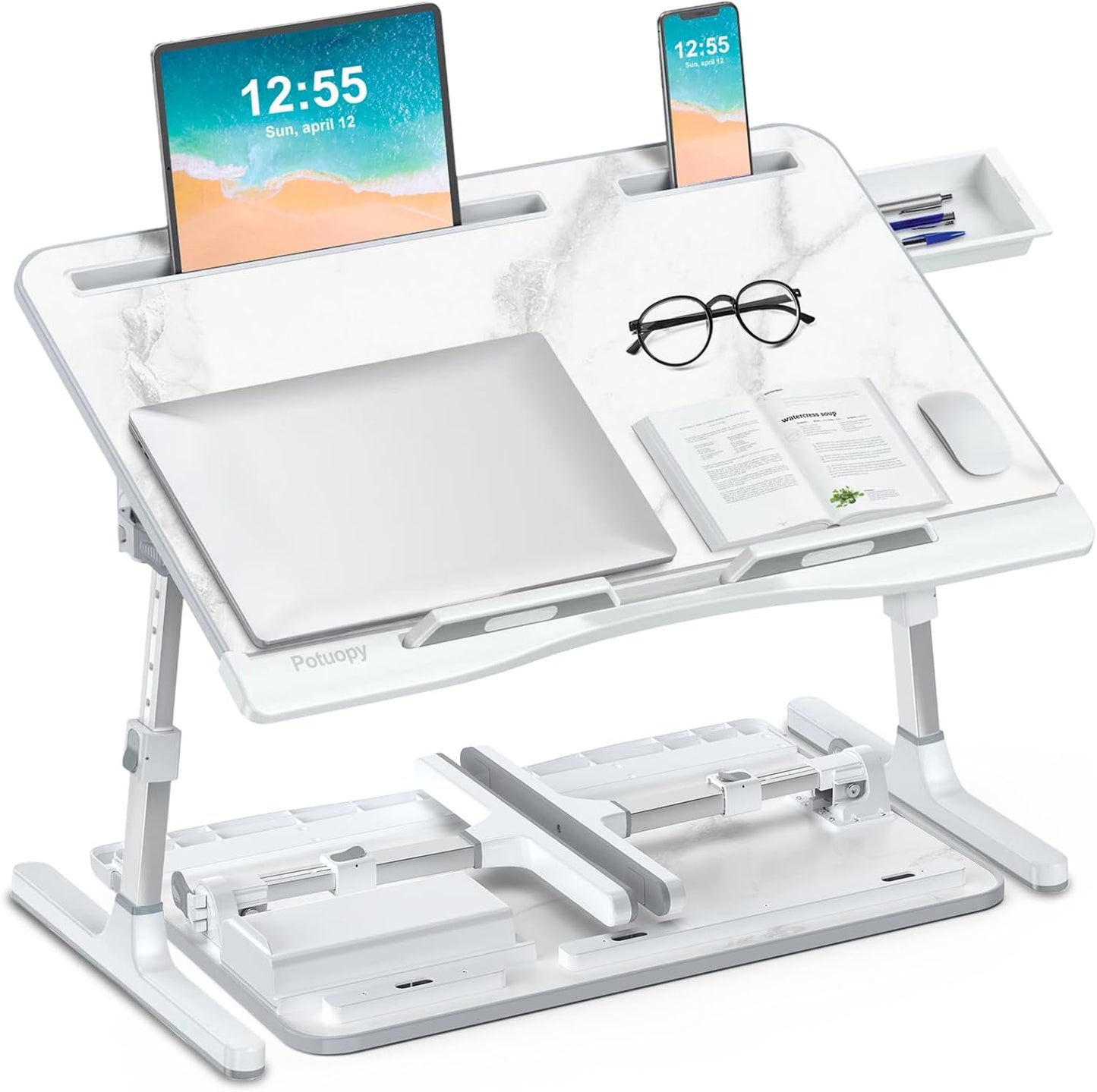Verstellbarer Betttisch für Laptop und Lesen, Weißer Marmor