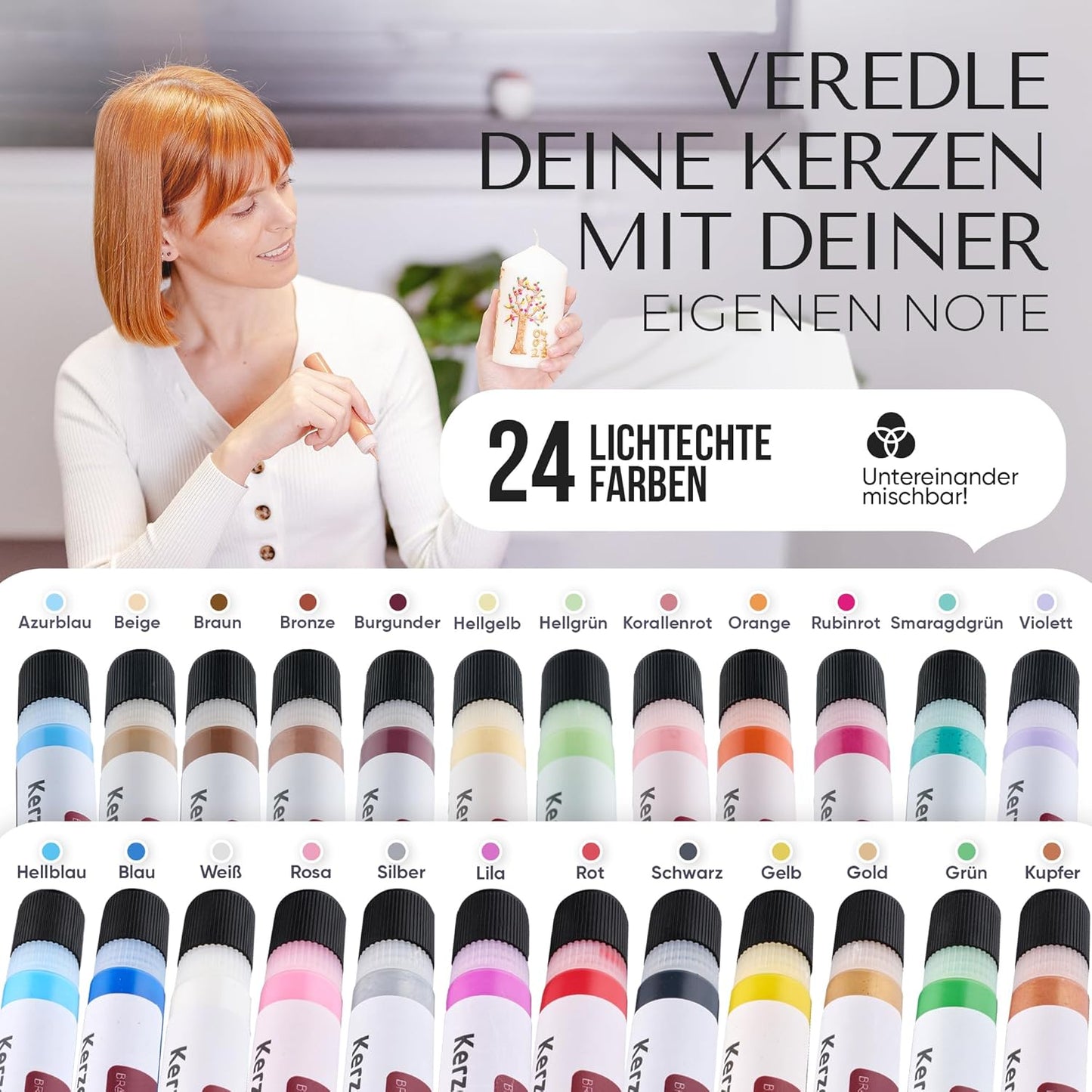 24er- Set Kerzenstifte für Kerzendekoration, 24 leuchtende Farben á 30ml