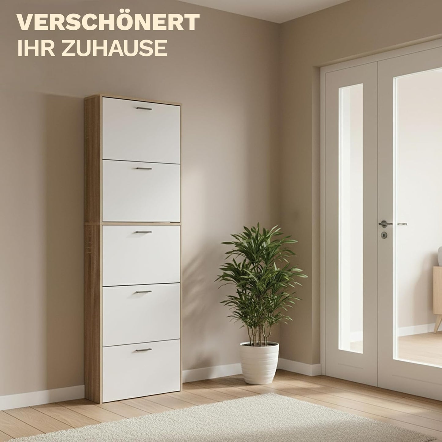 Schuhschrank mit 5 Kippfächern für 15 Paar Schuhe, 5 Türen Weisse Türen, Rahmen aus Hellem Holz