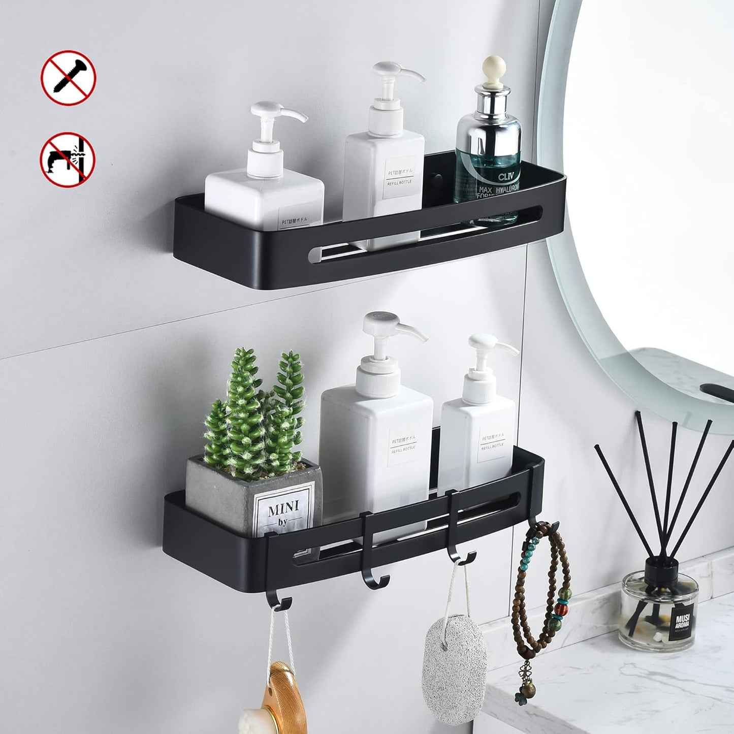 2-teiliges Duschablage-Set, ohne Bohren, 2 Stück Schwarz