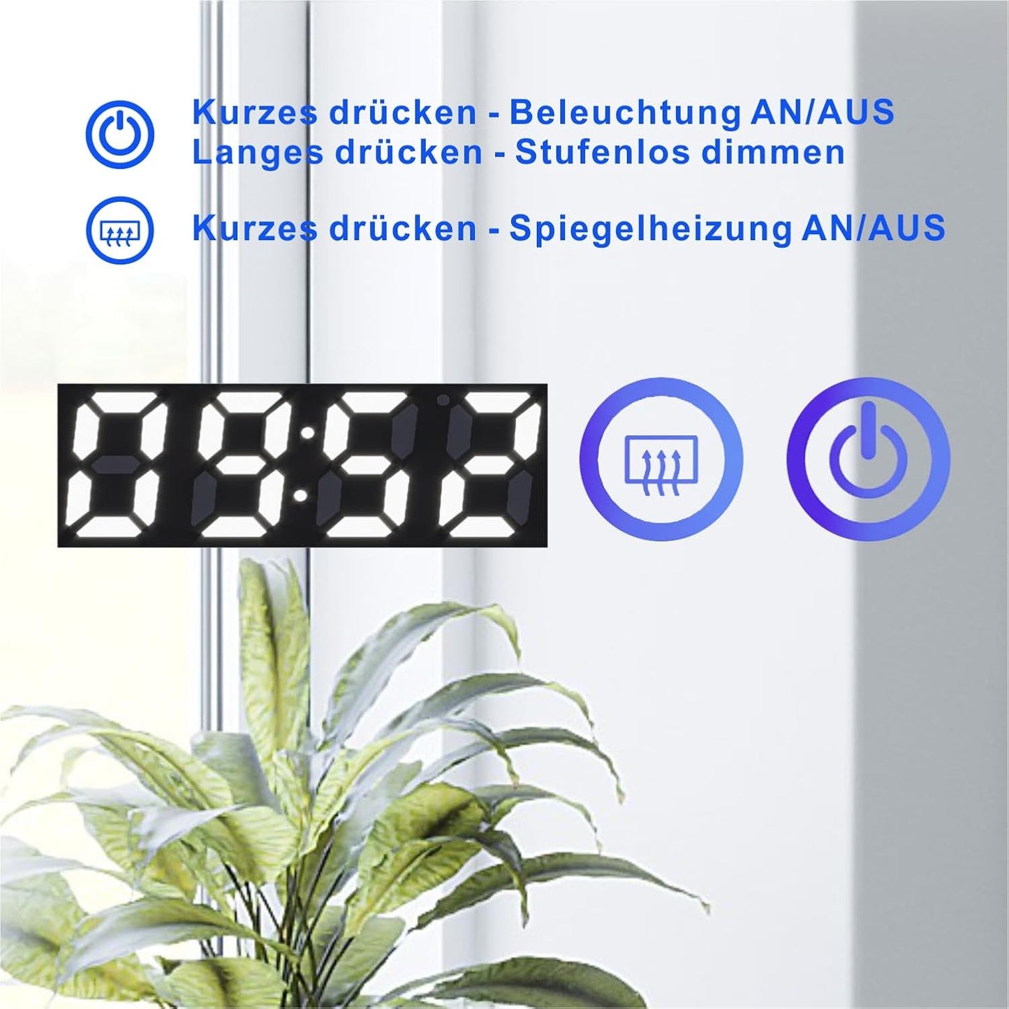 LED Badspiegel mit Beleuchtung und Digitaluhr 120x60 cm, 120x60cm Kaltweiß Uhr Schminkspiegel Sautens (Touch, Dimmbar, Heizung)