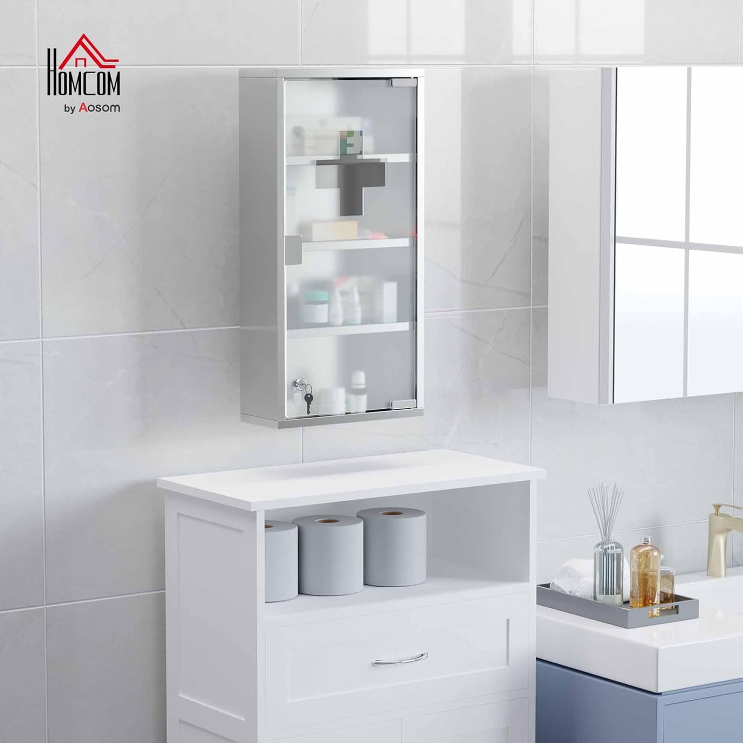 Abschliessbarer Medizinschrank mit 4 Fächern, Silber B30 x T12 x H60 cm