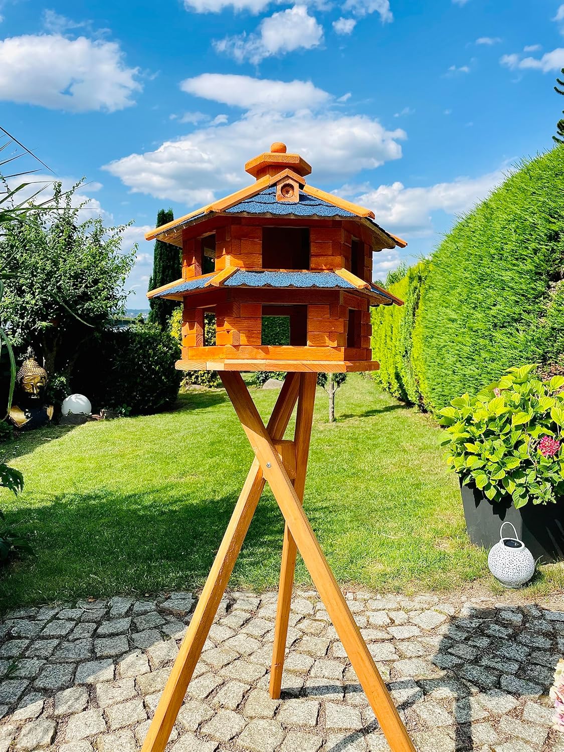 Vogelhaus, Größe XL mit Ständer Blau - Braun