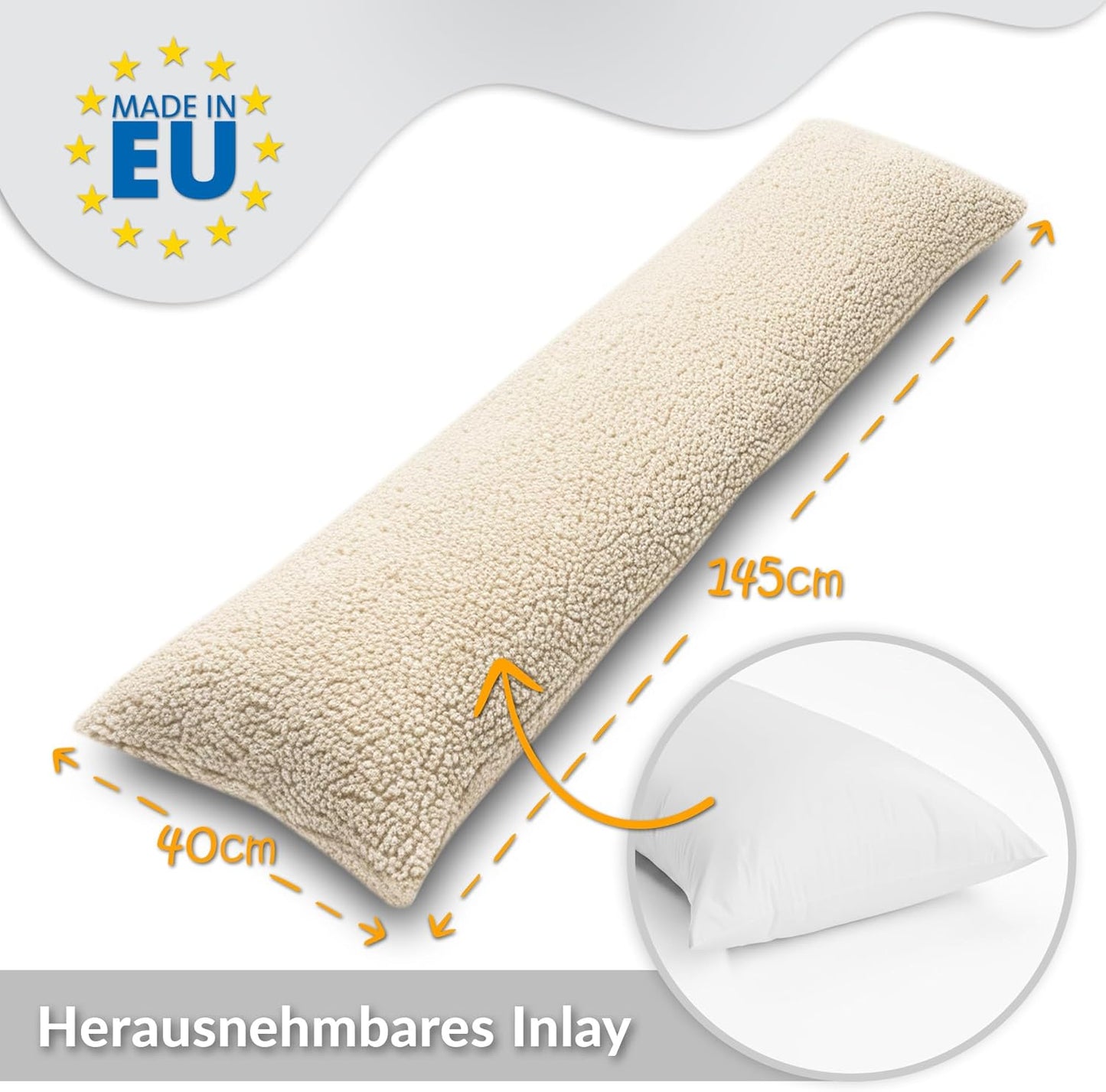Seitenschläferkissen mit waschbarem Bezug, Cremefarben 40x145 cm
