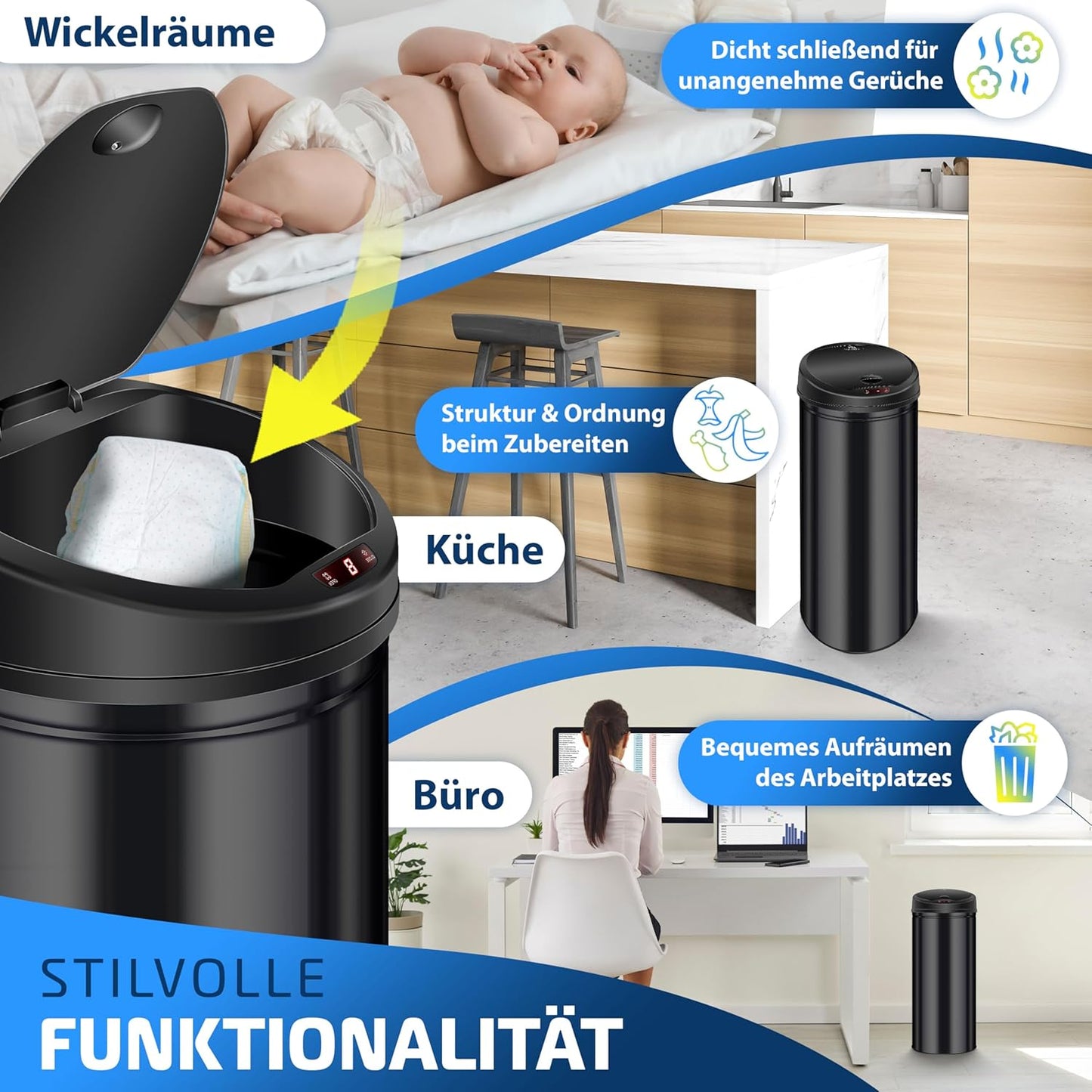 Abfalleimer mit Sensorautomatik, 30 Liter Schwarz