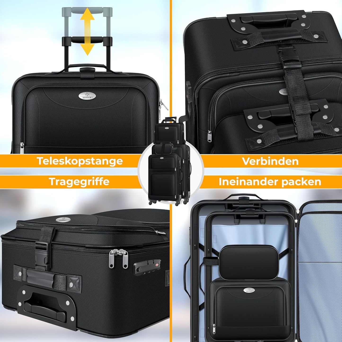 Reisekoffer Set 4-teilig mit TSA-Schloss & Rollen, Schwarz