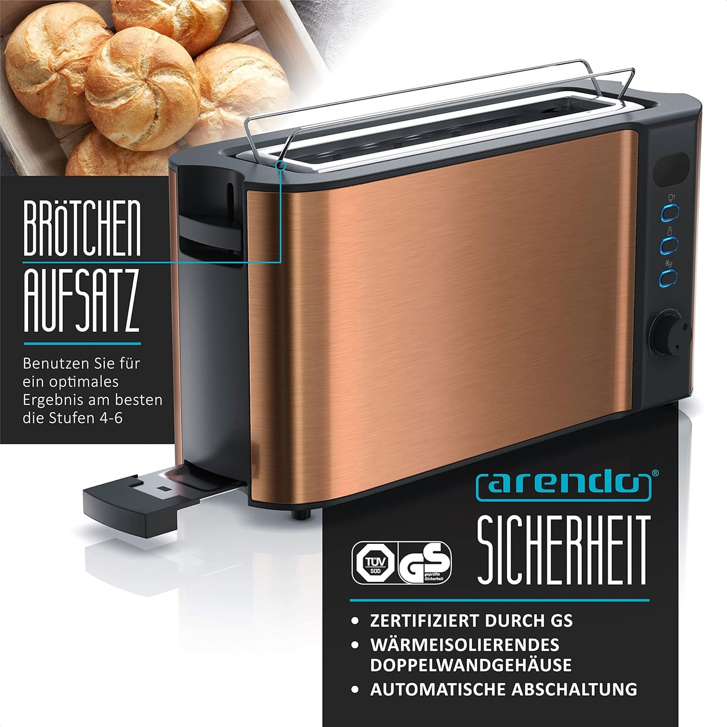 Langschlitz Toaster mit Brötchenaufsatz, E: Kupfer