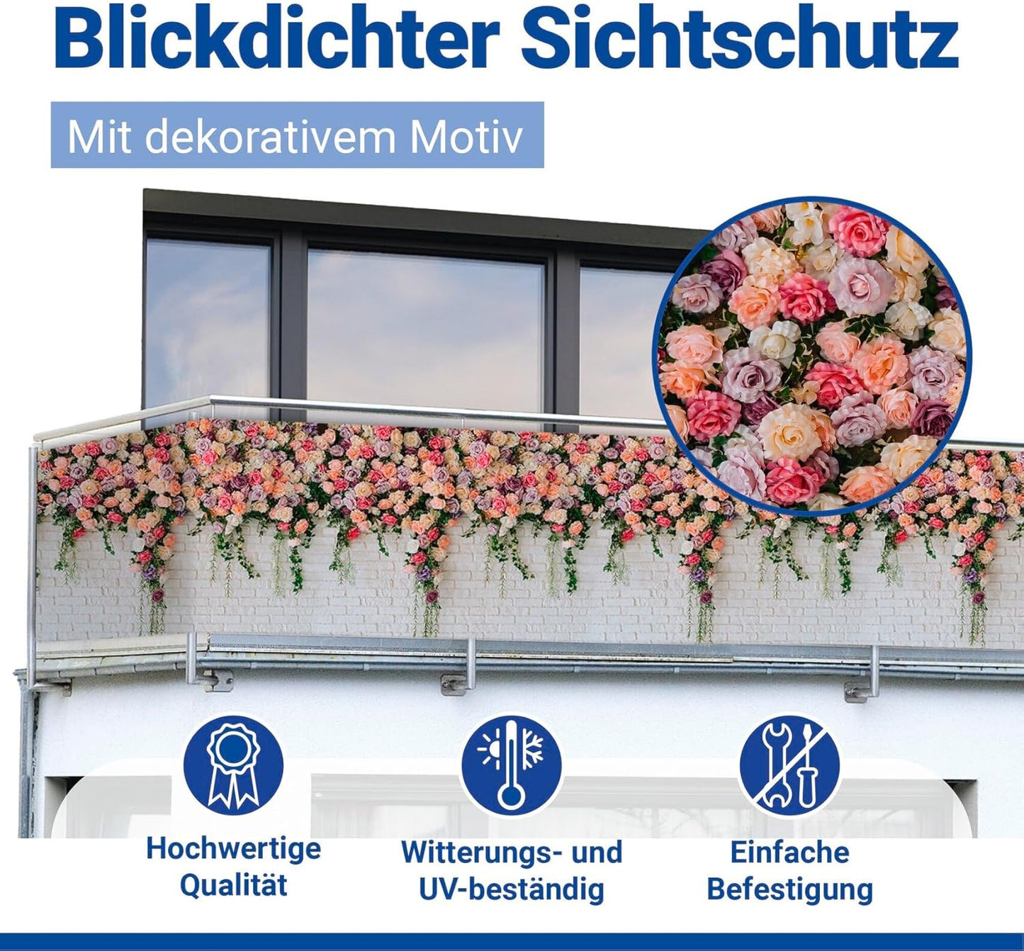 Balkon-Sichtschutz mit Rosen-Motiv, Rosen