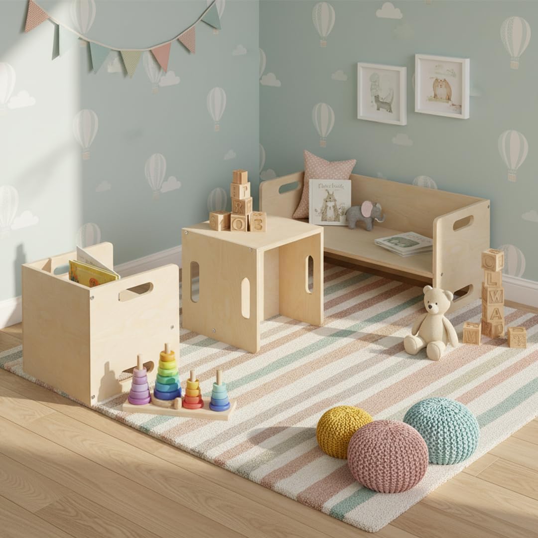 Kindersitzgarnitur 3-teiliges Möbel-Set aus Holz, 2x Stuhl, 1x Bank Natur