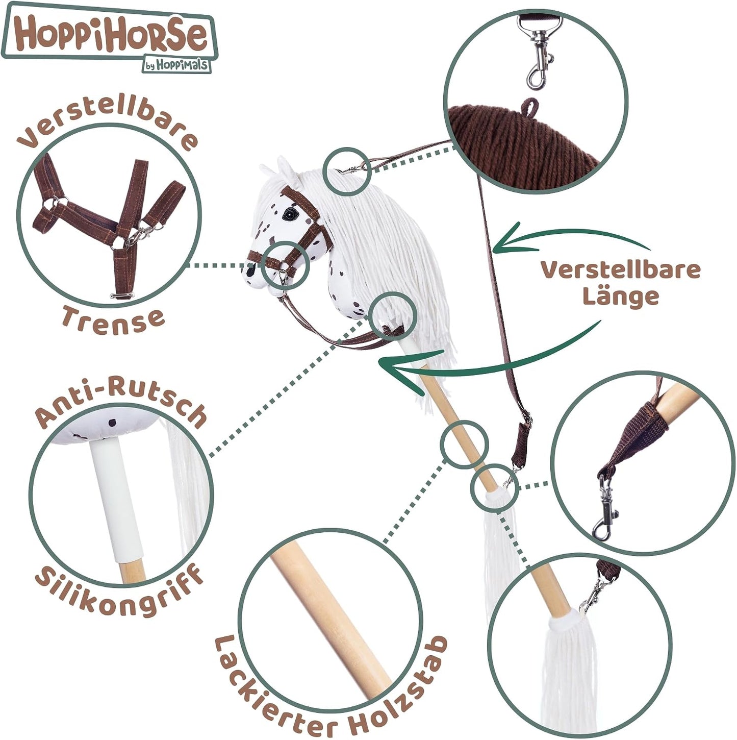Steckenpferd mit Trense und Silikongriff, A3 - LARGE Tigerschecke