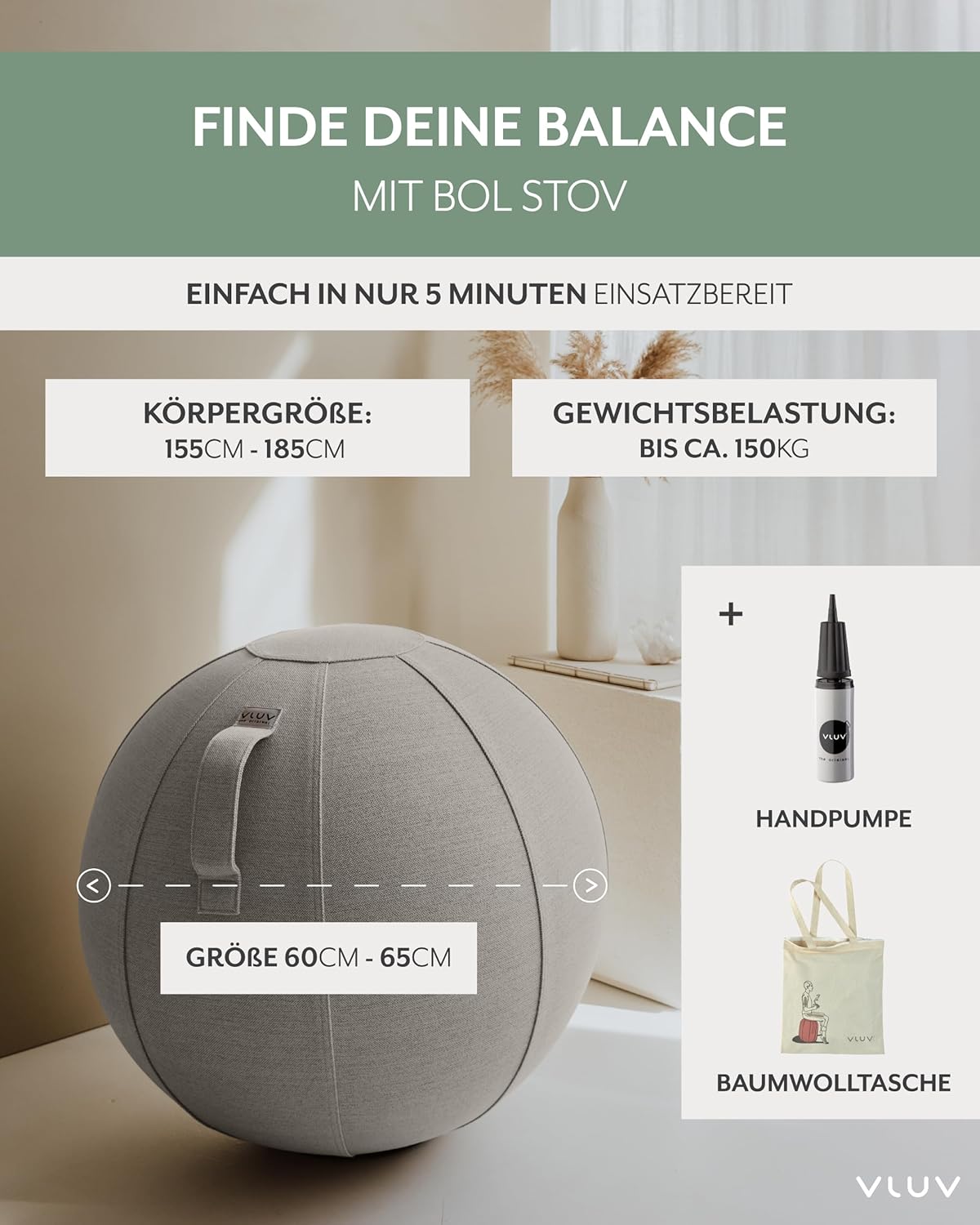 Ergonomischer Sitzball Stov, 60cm - 65cm GRAU