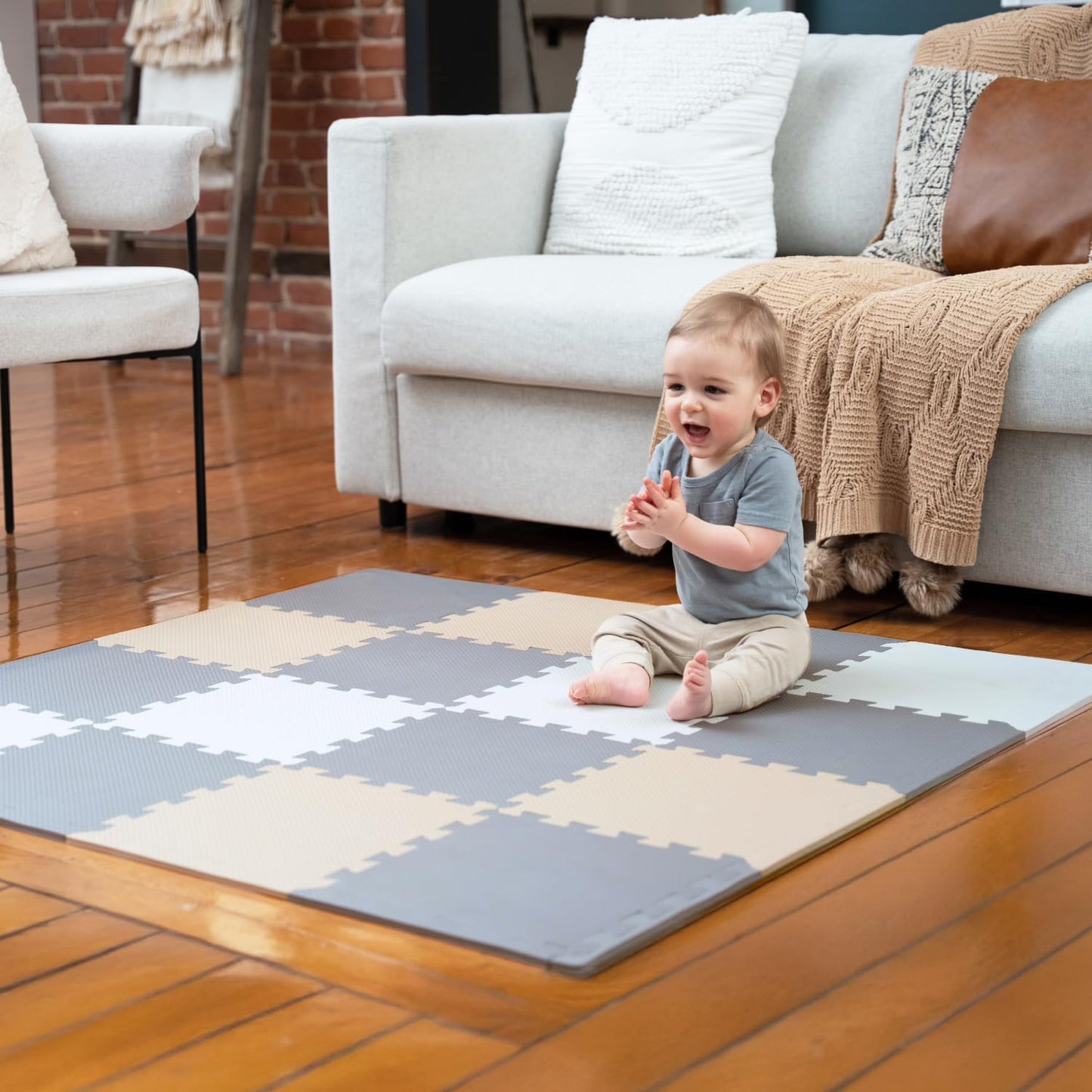 Krabbel- und Puzzlematte für Babys, 16 Teile Creme-grau-beige