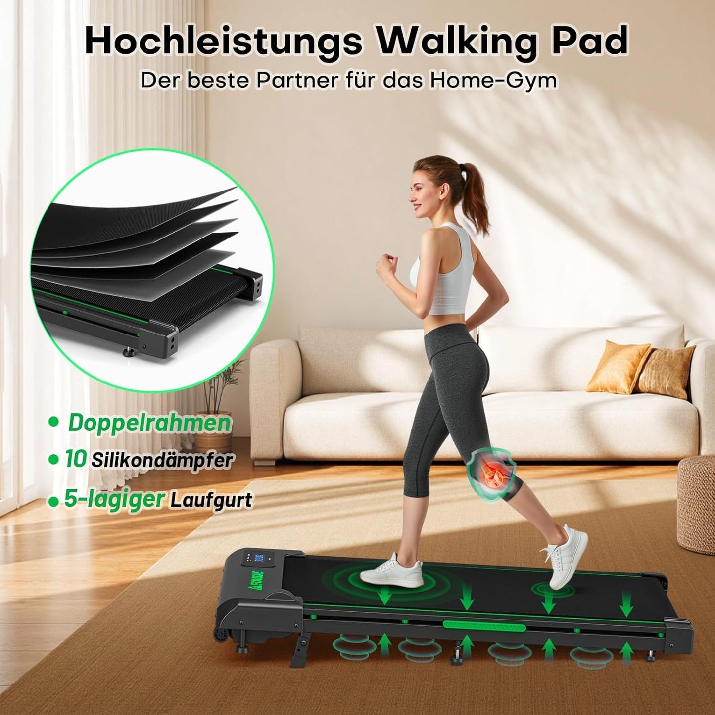 Laufband mit Steigung und Stossdämpfung, Schwarz-Grün