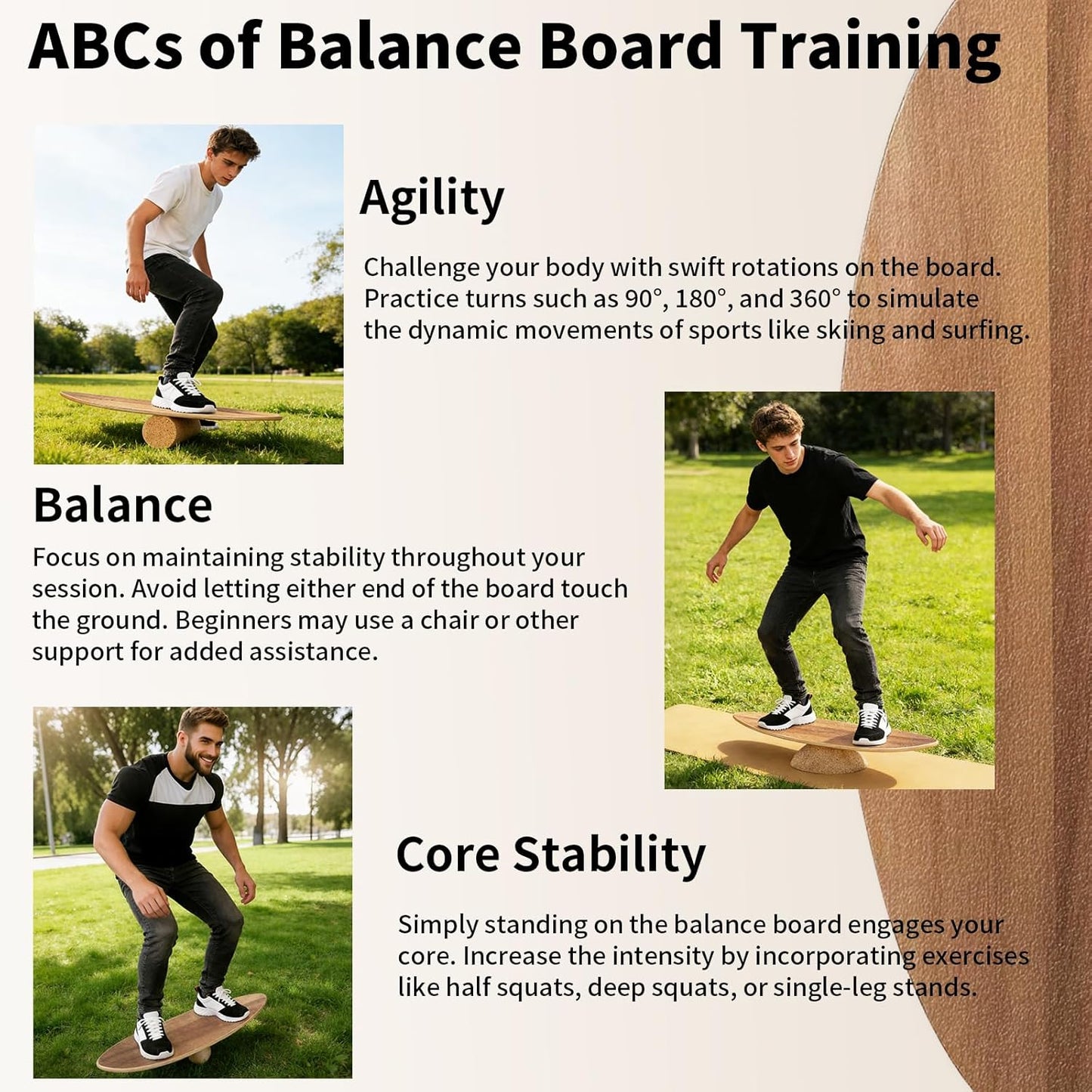 Balance Board Set mit Korkrolle und Halbkugel, Eichenfarbe