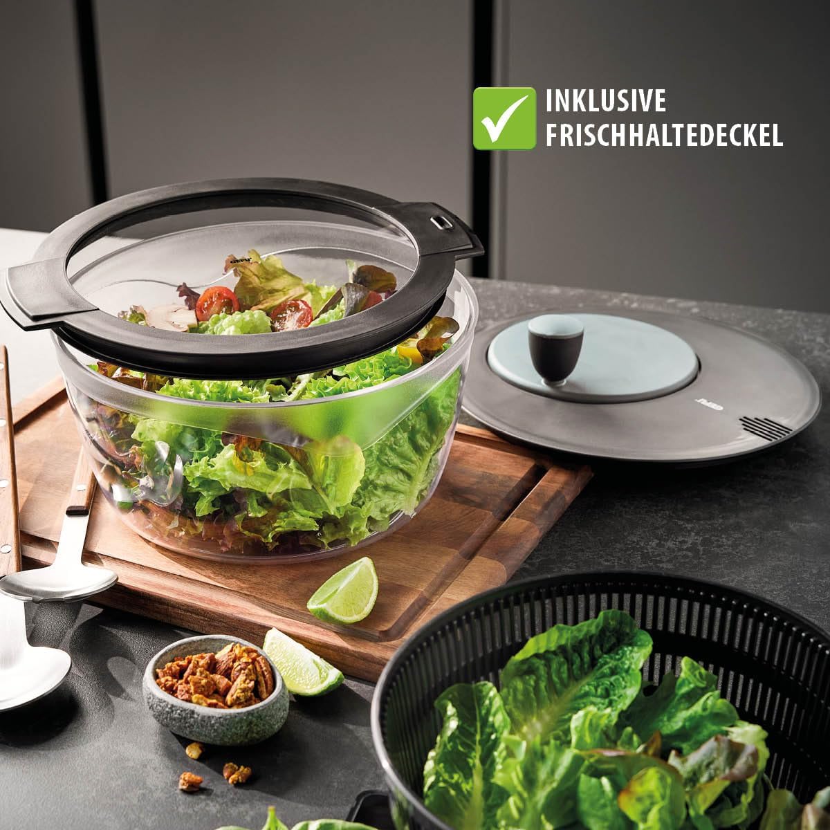 Salatschleuder mit Frischhaltedeckel 3L, 3l & Deckel Schwarz/Grau + Frischhaltedeckel