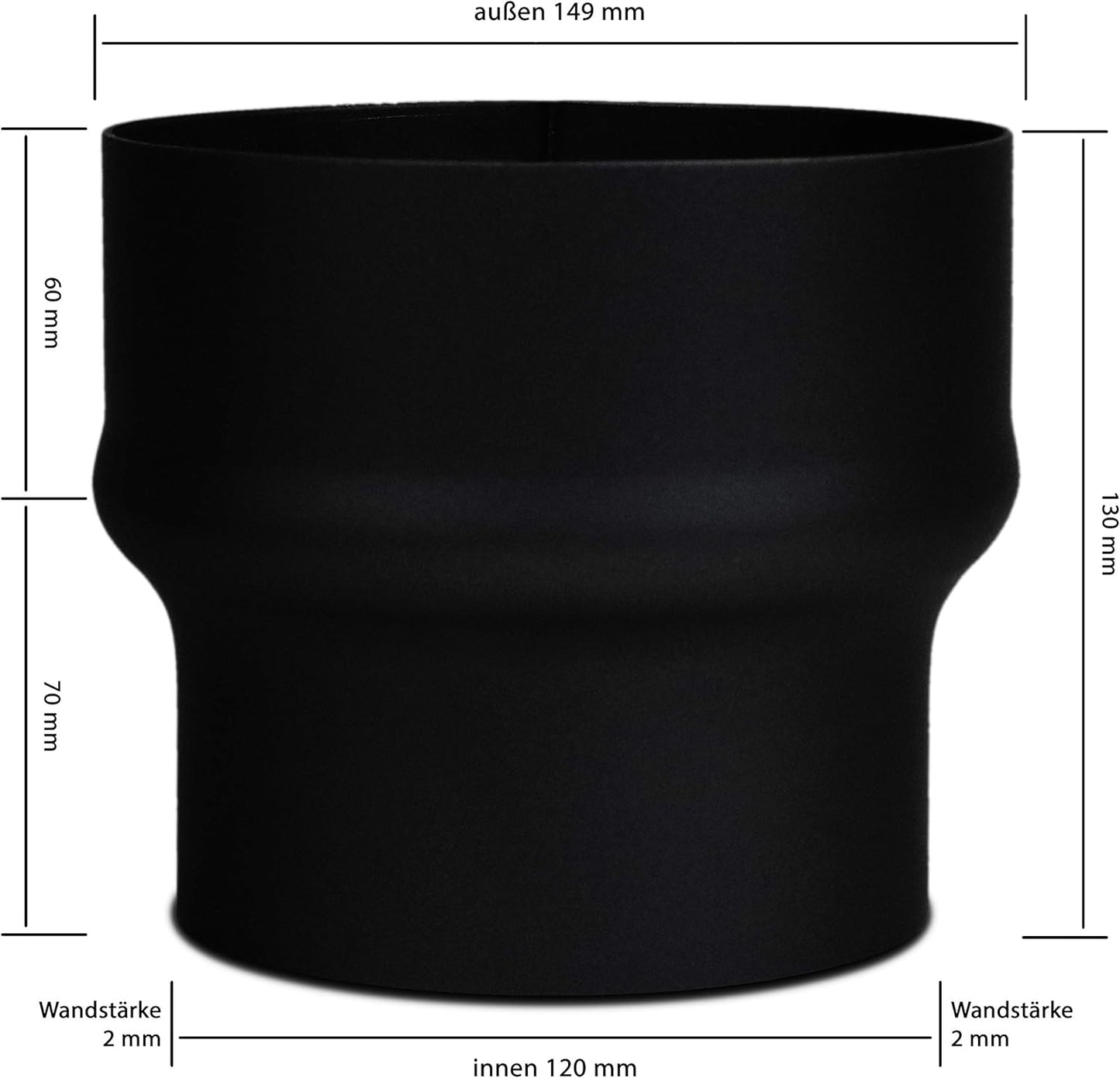 Rauchrohr-Erweiterung 120 mm auf 150 mm, Ø 120 mm auf Ø 150 mm Schwarz
