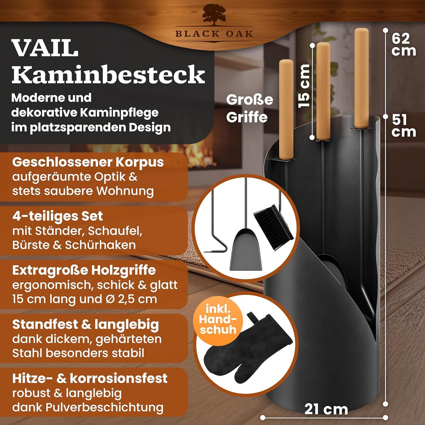 4-teiliges Kaminbesteck-Set Vail, Kaminbesteck + Handschuh