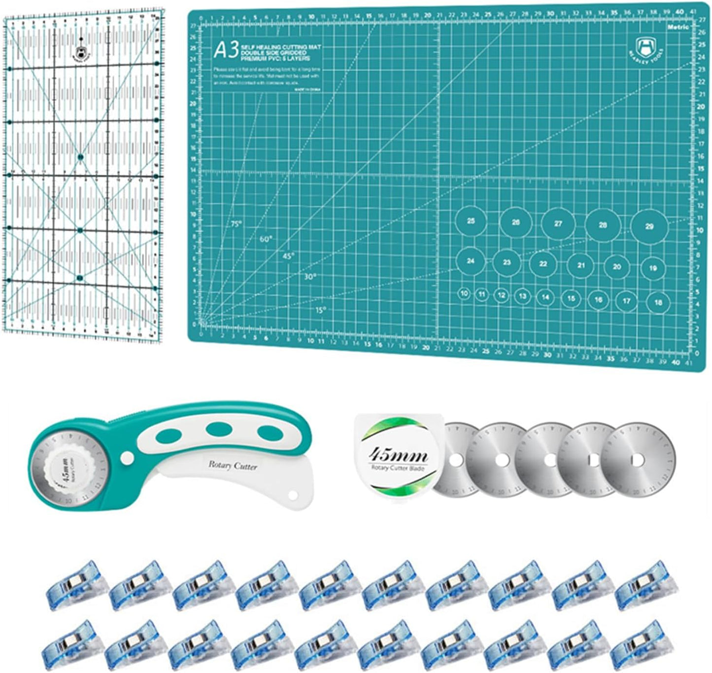 Rollschneider-Set mit Schneidematte & Zubehör, A3 Rollschneider Set Türkis