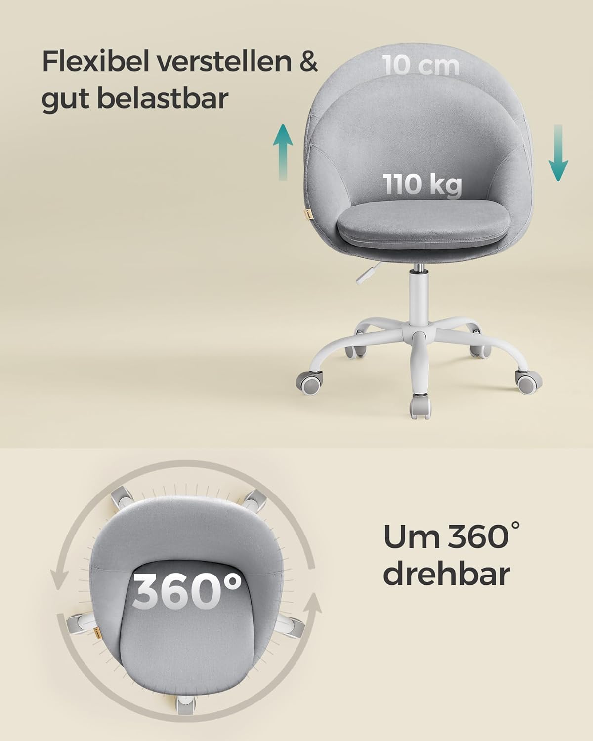 Höhenverstellbarer Homeoffice-Stuhl, Taubengrau Samt