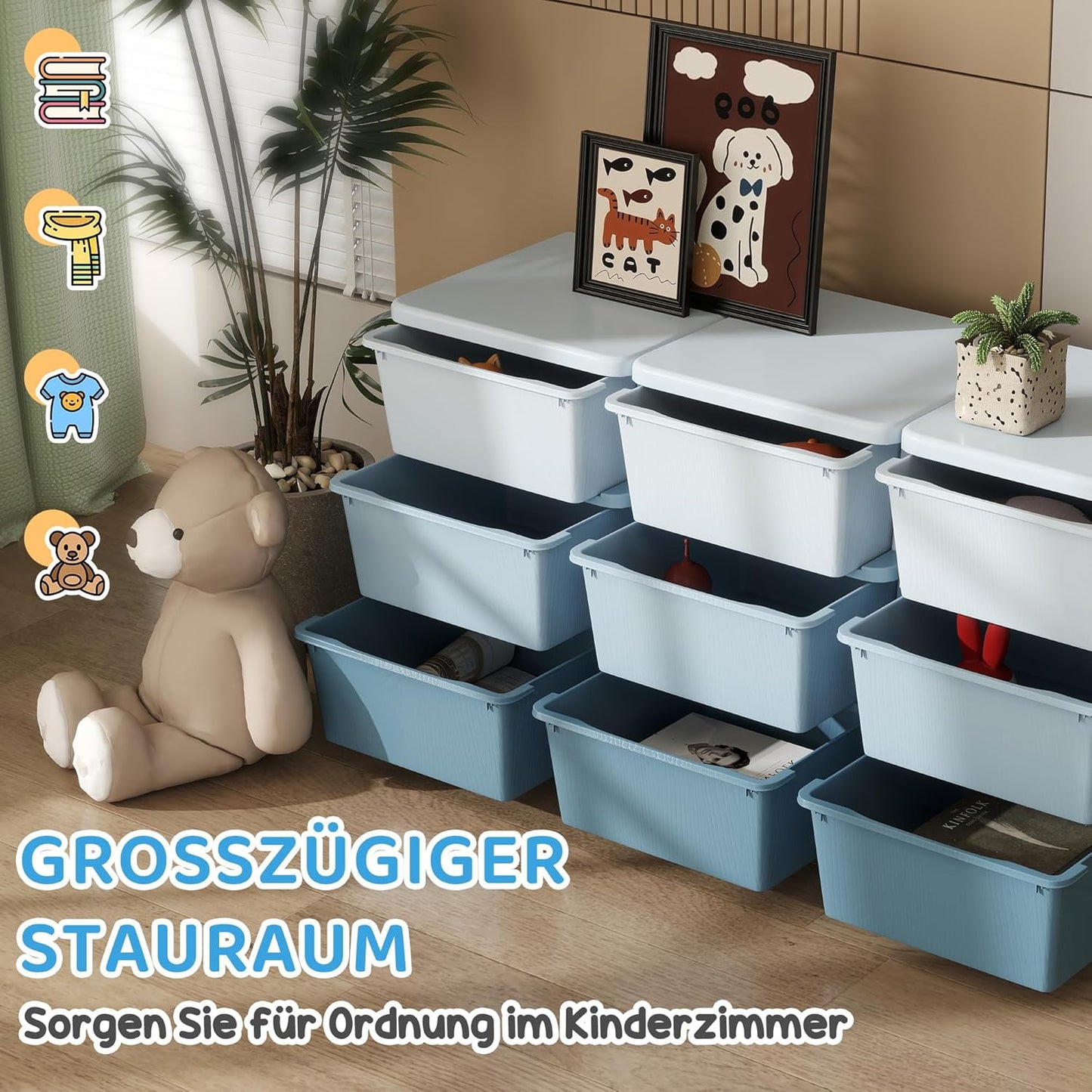 Spielzeug-Organizer mit Schubladen für Kinderzimmer, 113L x 37B x 56,5H cm Blau
