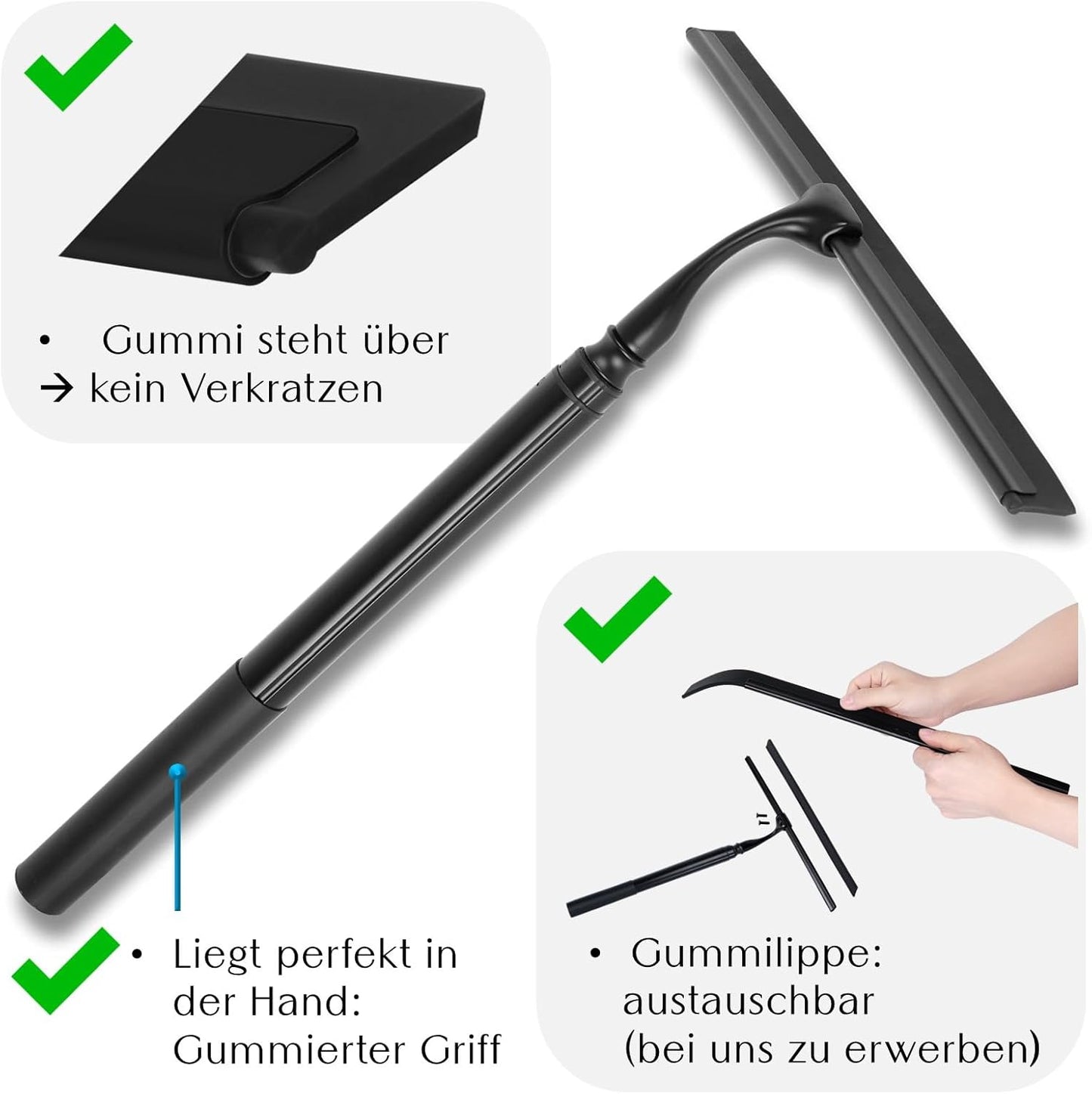 Duschabzieher mit Teleskopstiel (43-153 cm), 25 cm breit - ohne Mikrofaserüberzieher Schwarz