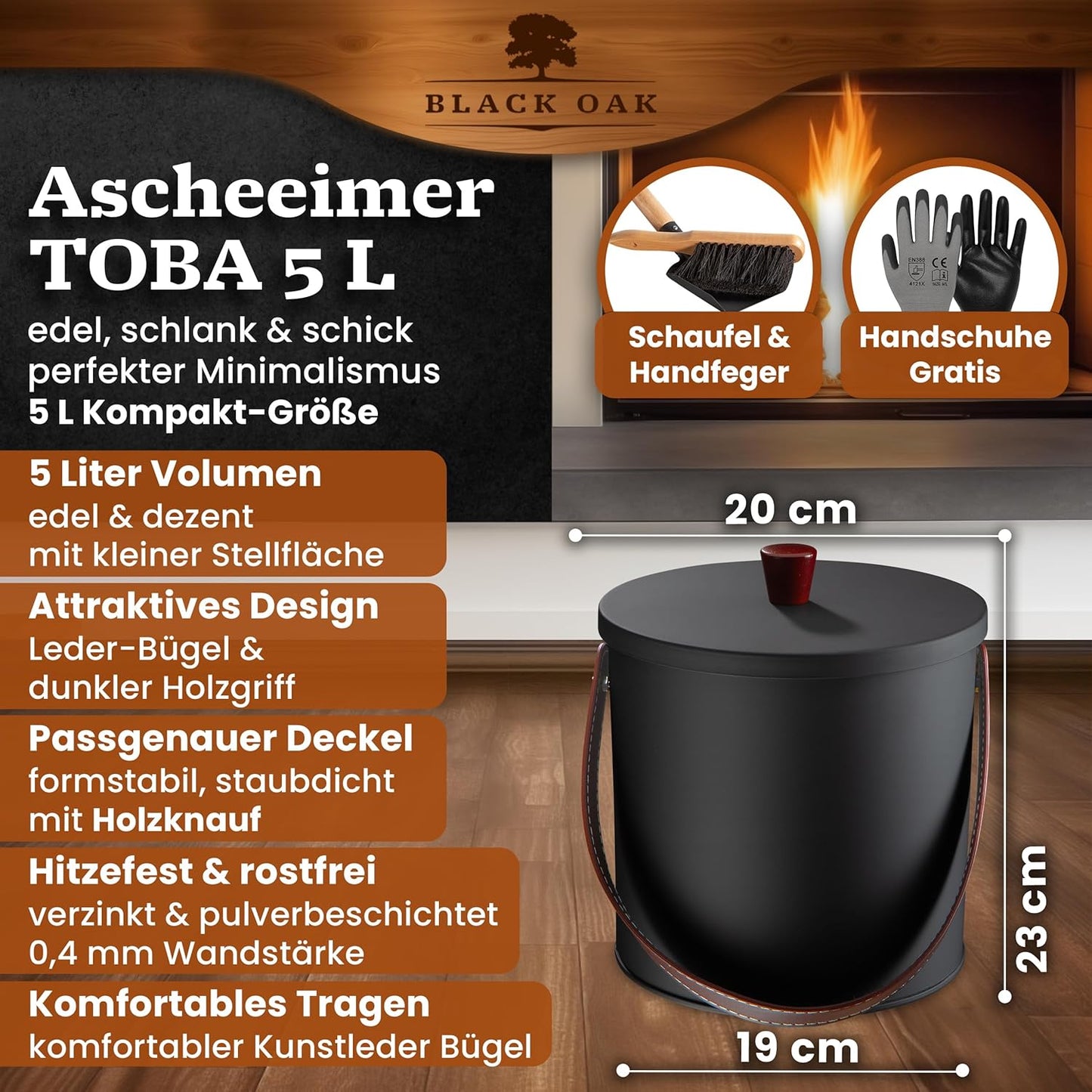 Ascheeimer Toba und Kehrset, Toba 5L Eimer + Kehrset