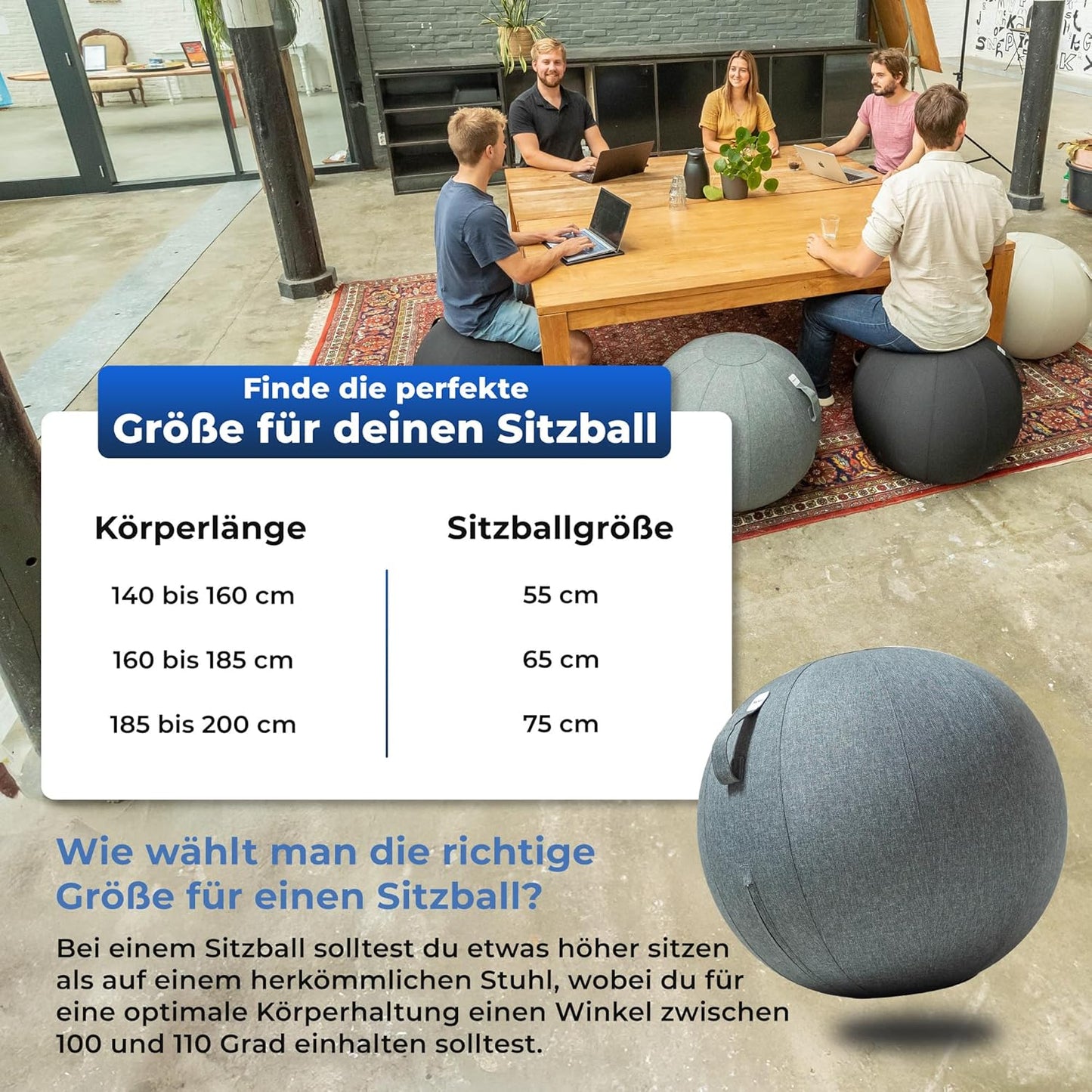 Ergonomischer Sitzball für Büro und Homeoffice (65 cm), 65 cm Dark Gray