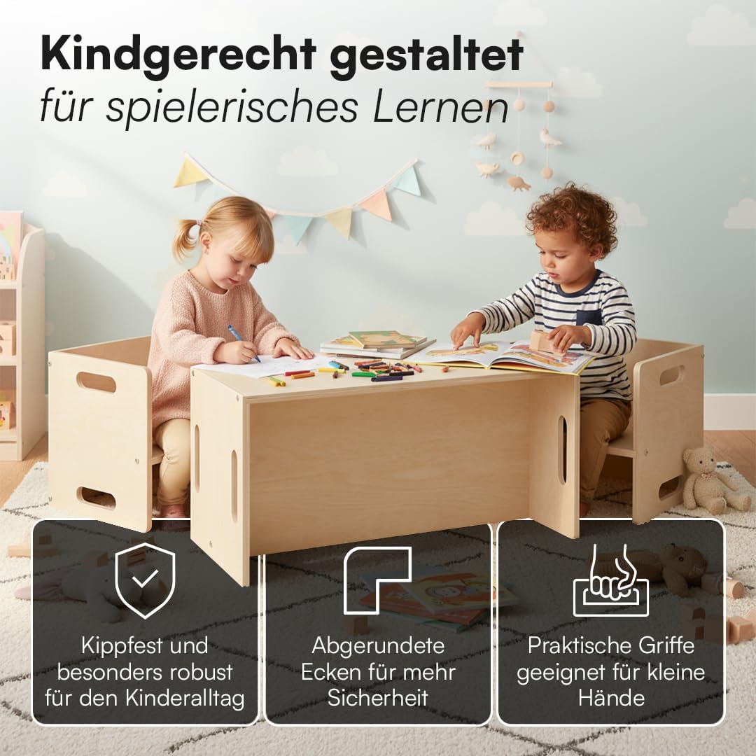 Kindersitzgarnitur 3-teiliges Möbel-Set aus Holz, 2x Stuhl, 1x Bank Natur