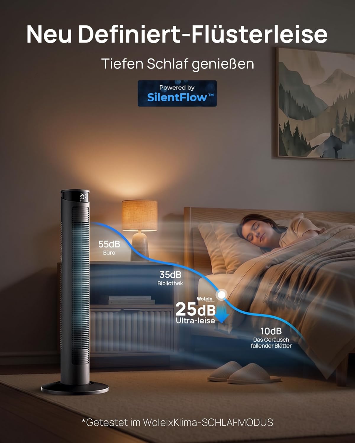 Leiser Turmventilator mit Fernbedienung, 75° Oszillation, 93 cm
