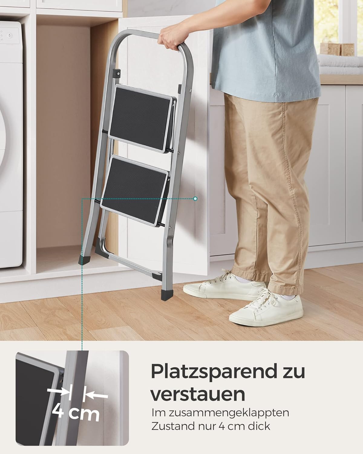 Trittleiter mit 2 Stufen, klappbar bis 150 kg, 2 Stufen (55T x 45,5B x 82H cm), Taubengrau