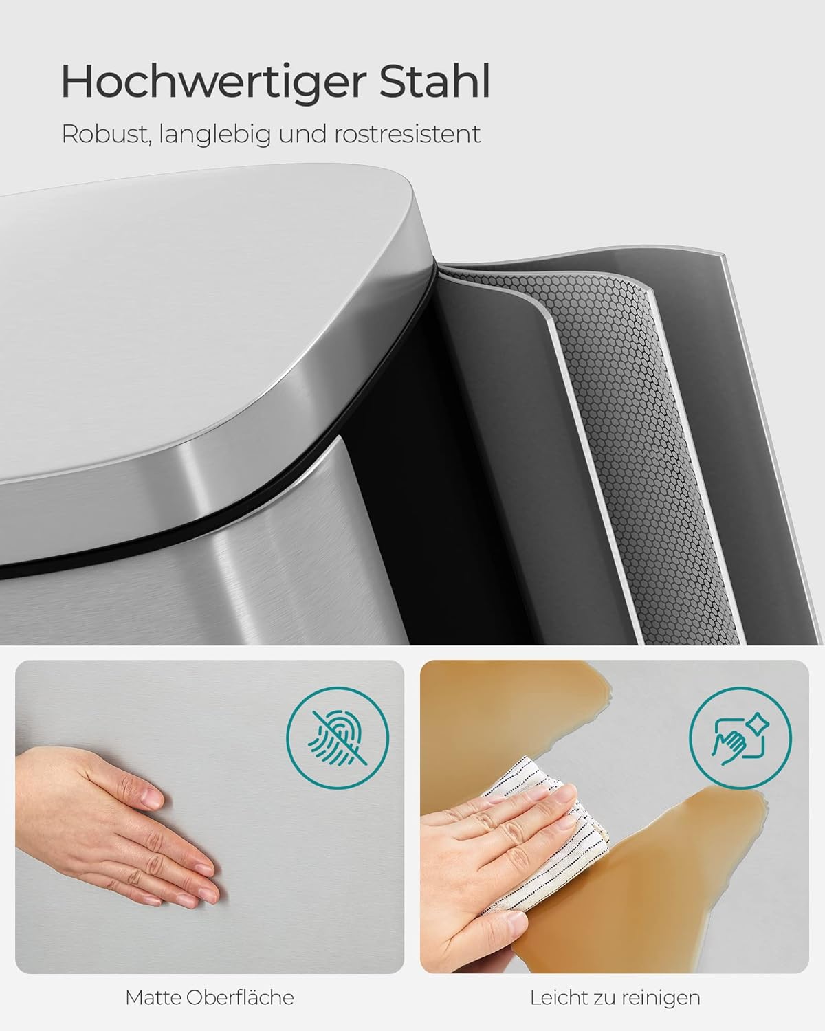 Mülleimer Ria mit Fusspedal und Softclose, silbern, 30 L