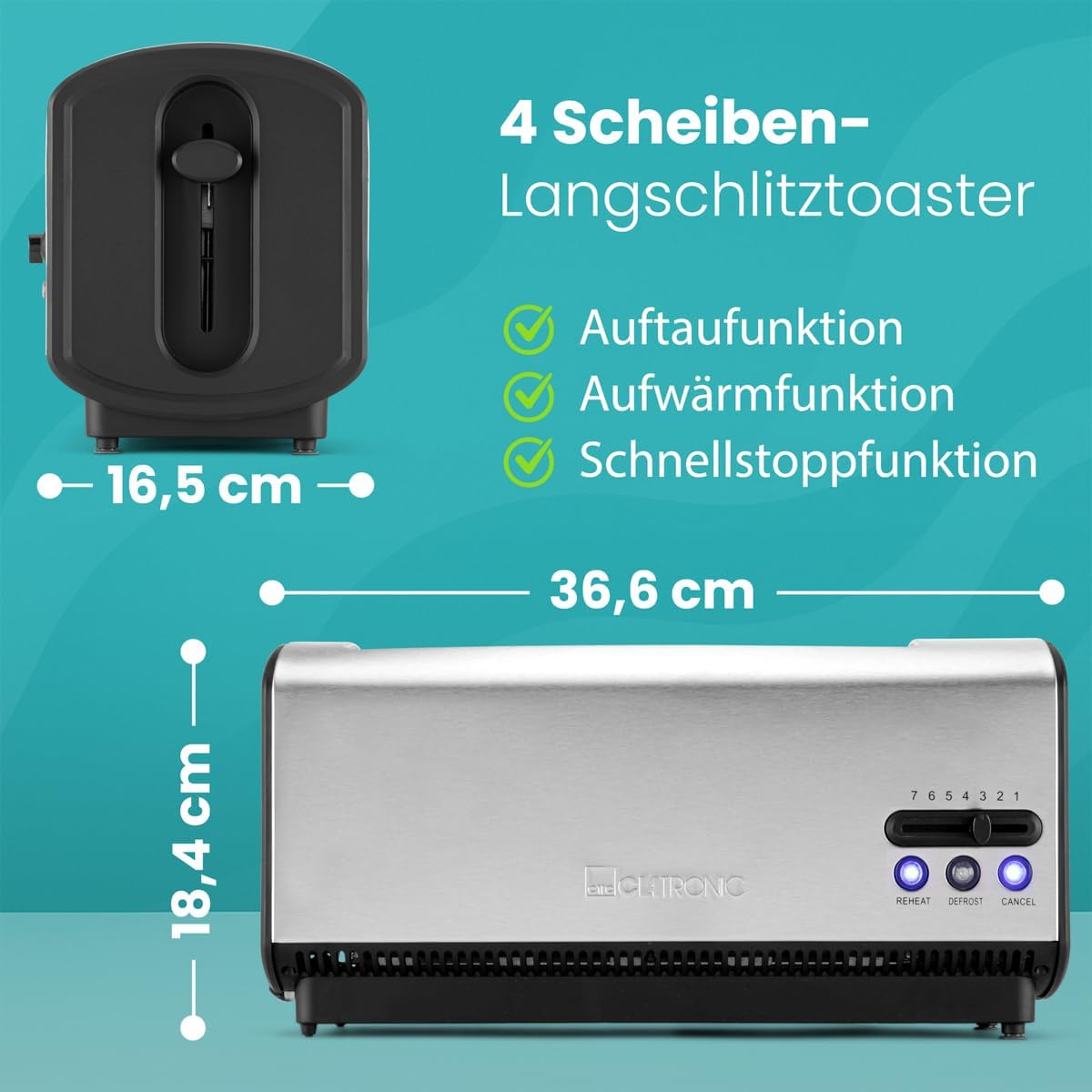 Langschlitztoaster mit Brötchenaufsatz, Silber