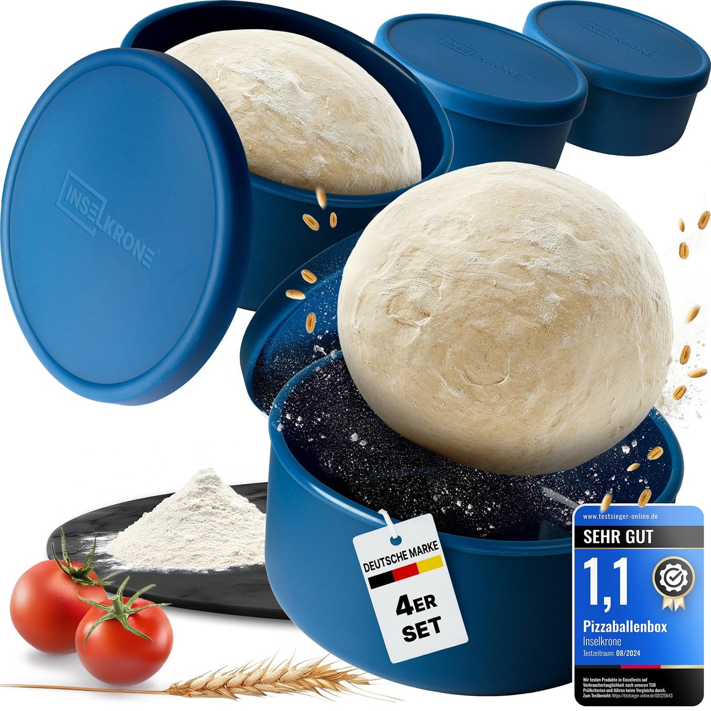 4er-Set Pizzaballenbox mit Deckel, 4 Stück blau